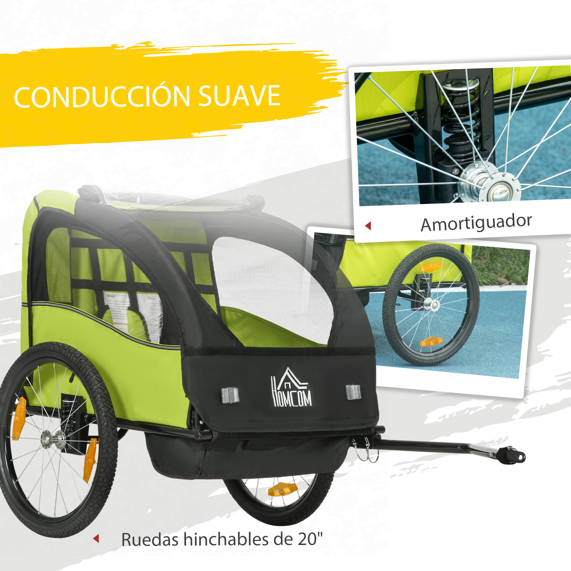 Un remolque de bicicleta verde lima con detalles negros y ruedas de 20 pulgadas.