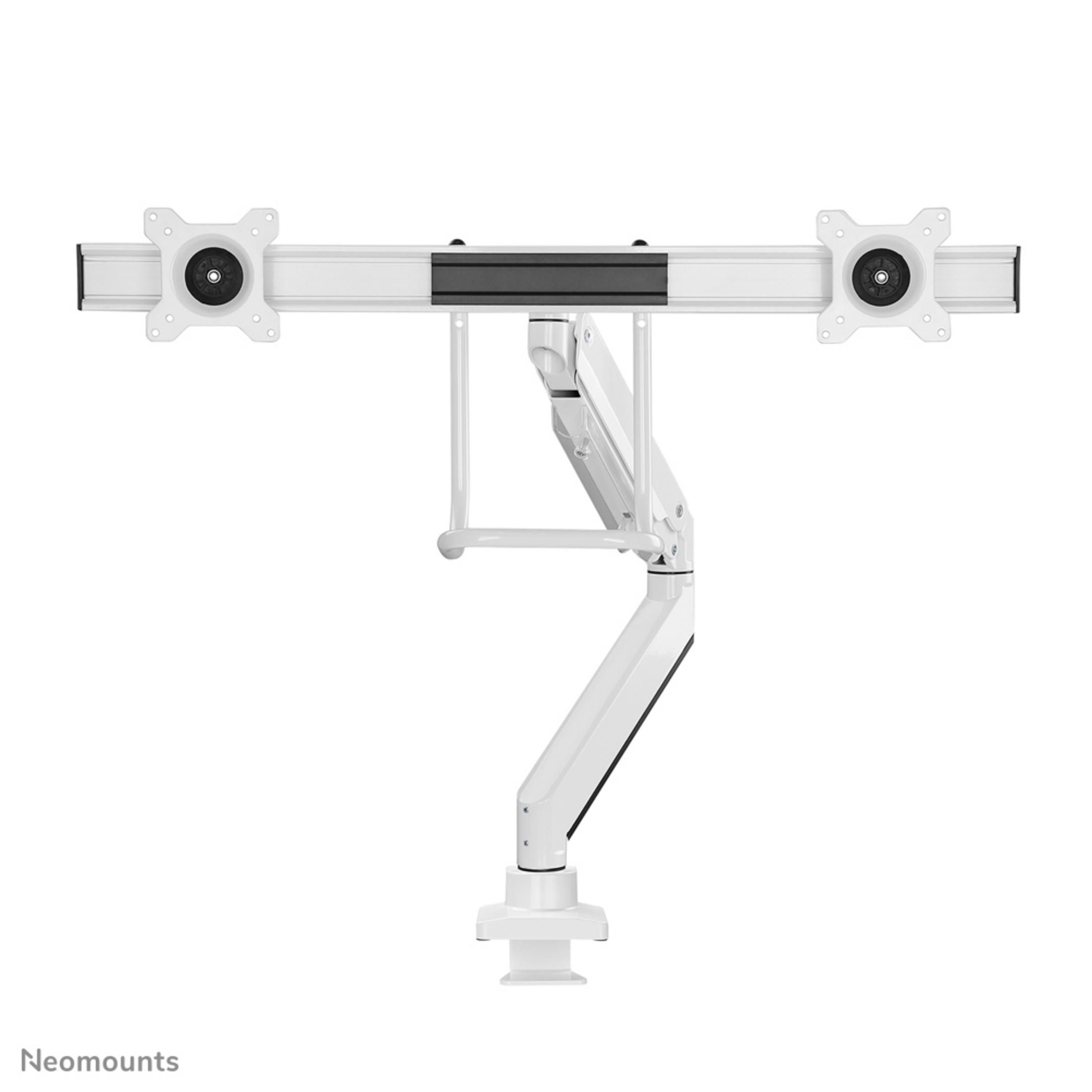 Een witte dubbele monitorarm met zwarte klem en scharnier.