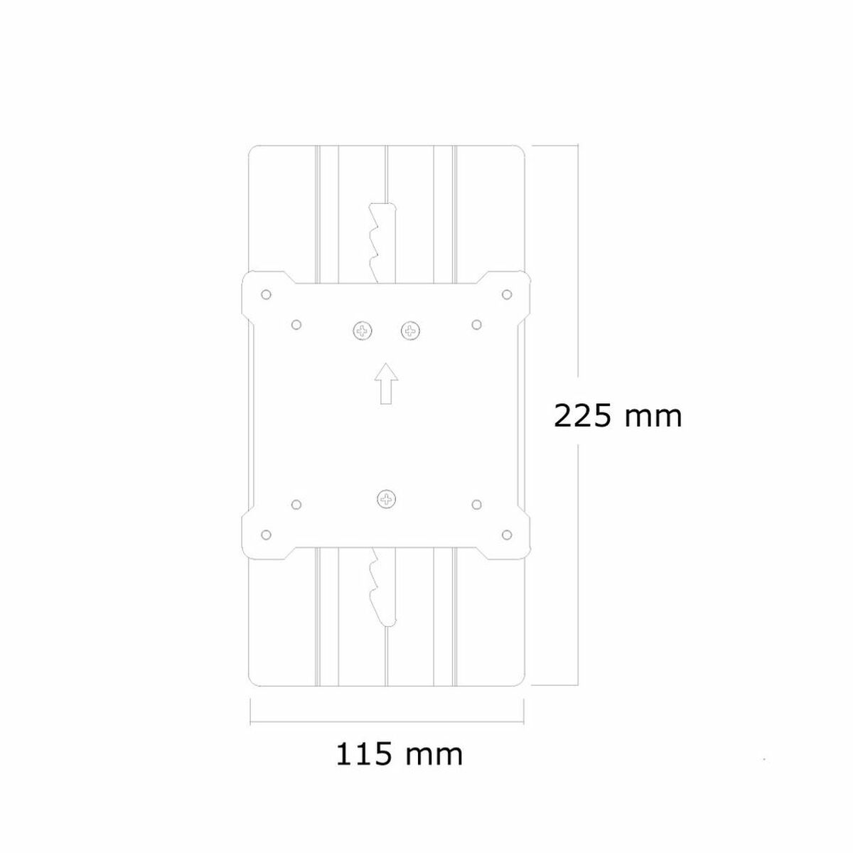 Technische Zeichnung einer Wandhalterung, 115 x 225 mm, mit Pfeil nach oben.
