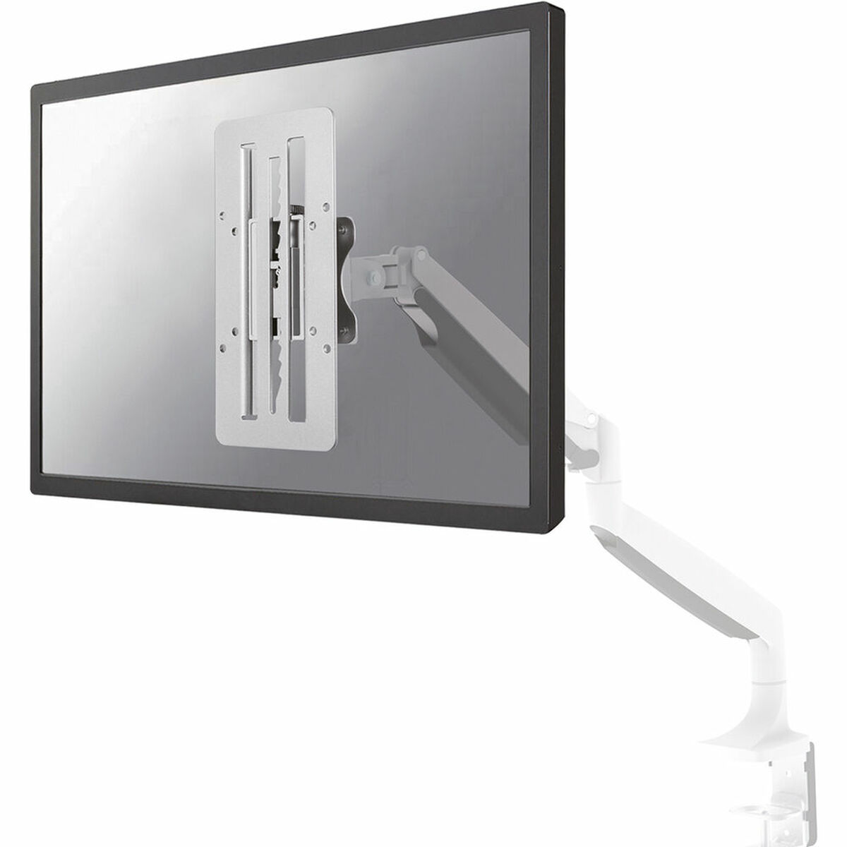 Ein Monitor mit silberner Halterung und weißem Gelenkarm auf weißem Hintergrund.