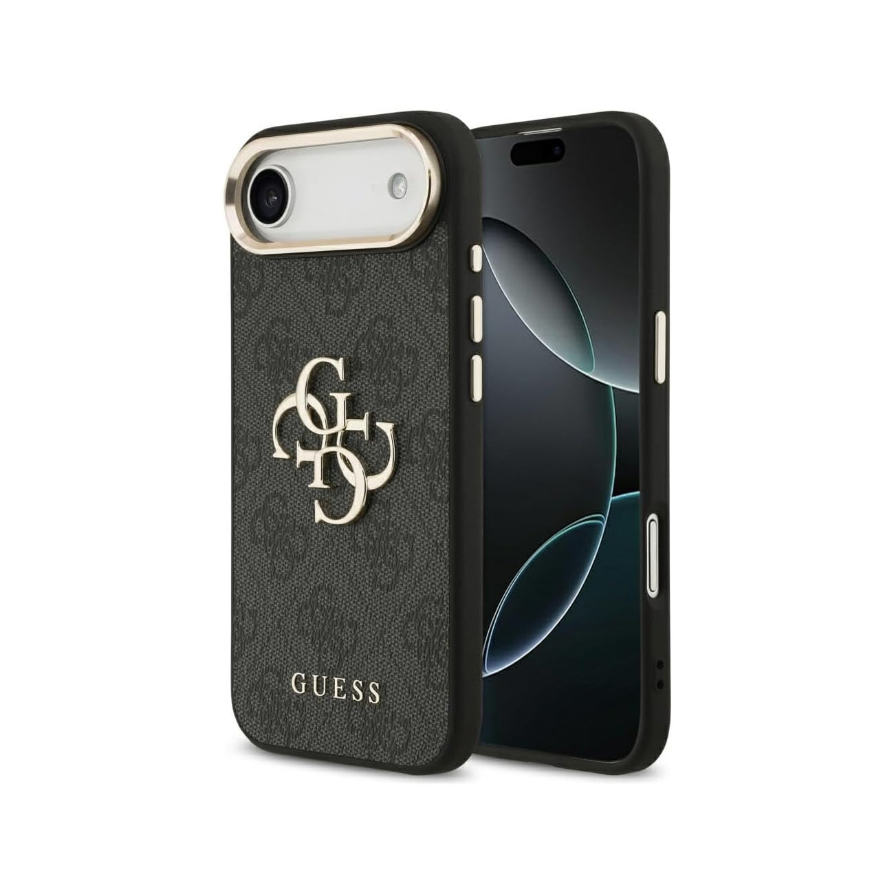 Una cover Guess nera con logo e testo su sfondo bianco.