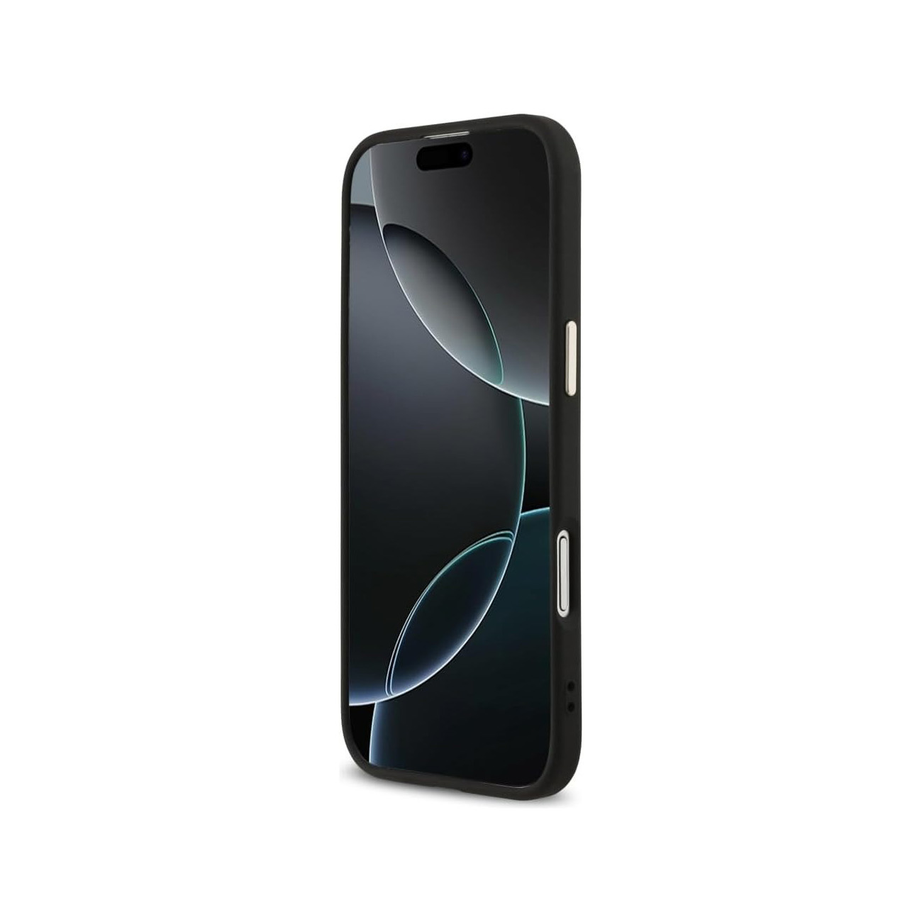Smartphone nero in una custodia, mostrato di lato.
