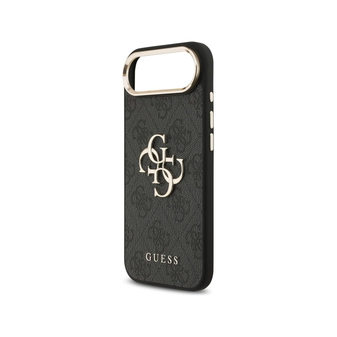 Custodia nera per telefono con logo GUESS e motivo, bordo dorato.