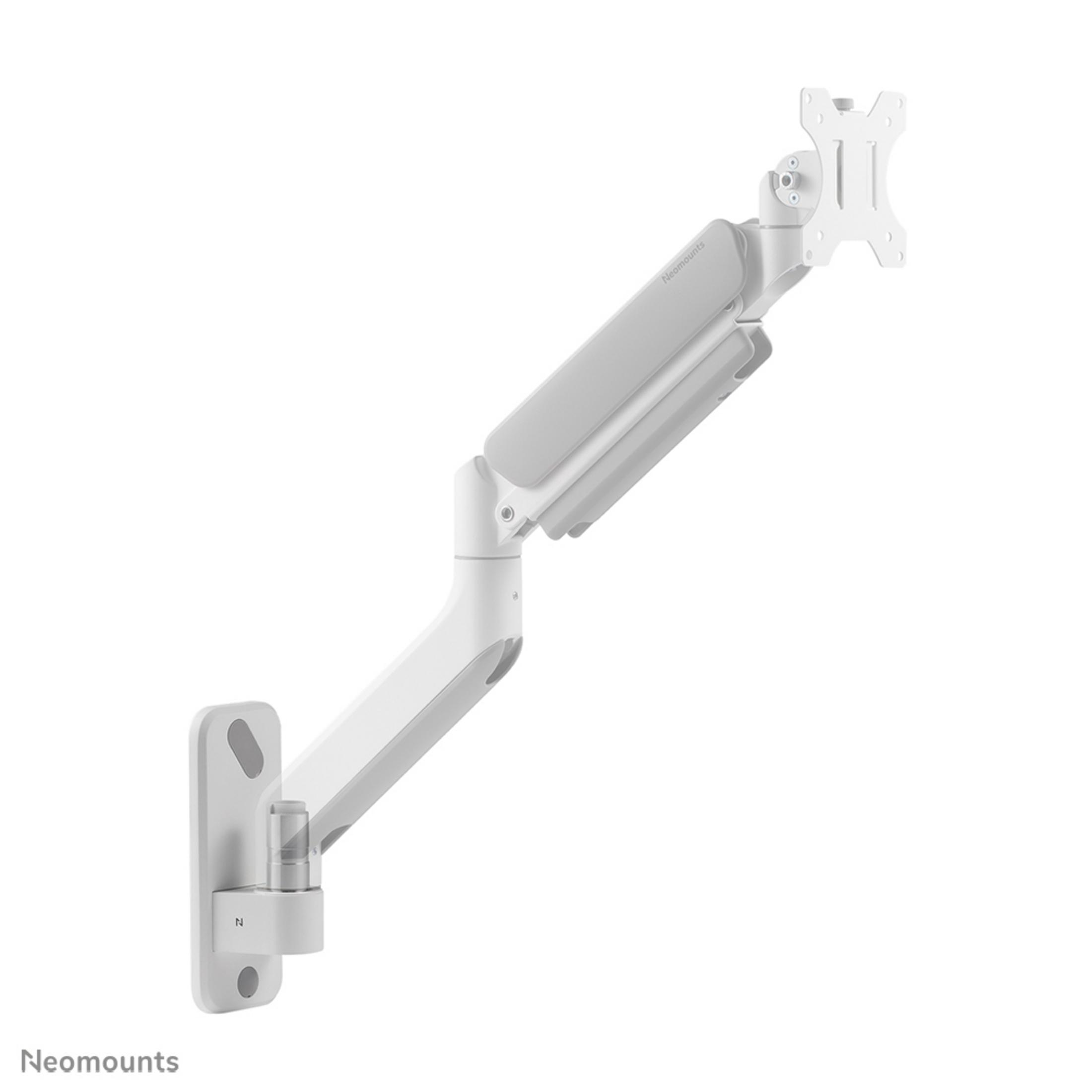 Un bras de moniteur blanc avec support mural et articulations argentées.