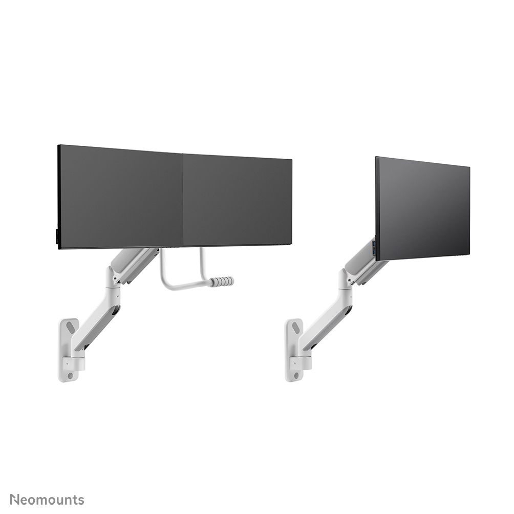 Deux bras de moniteur blancs montés au mur avec des écrans sombres.