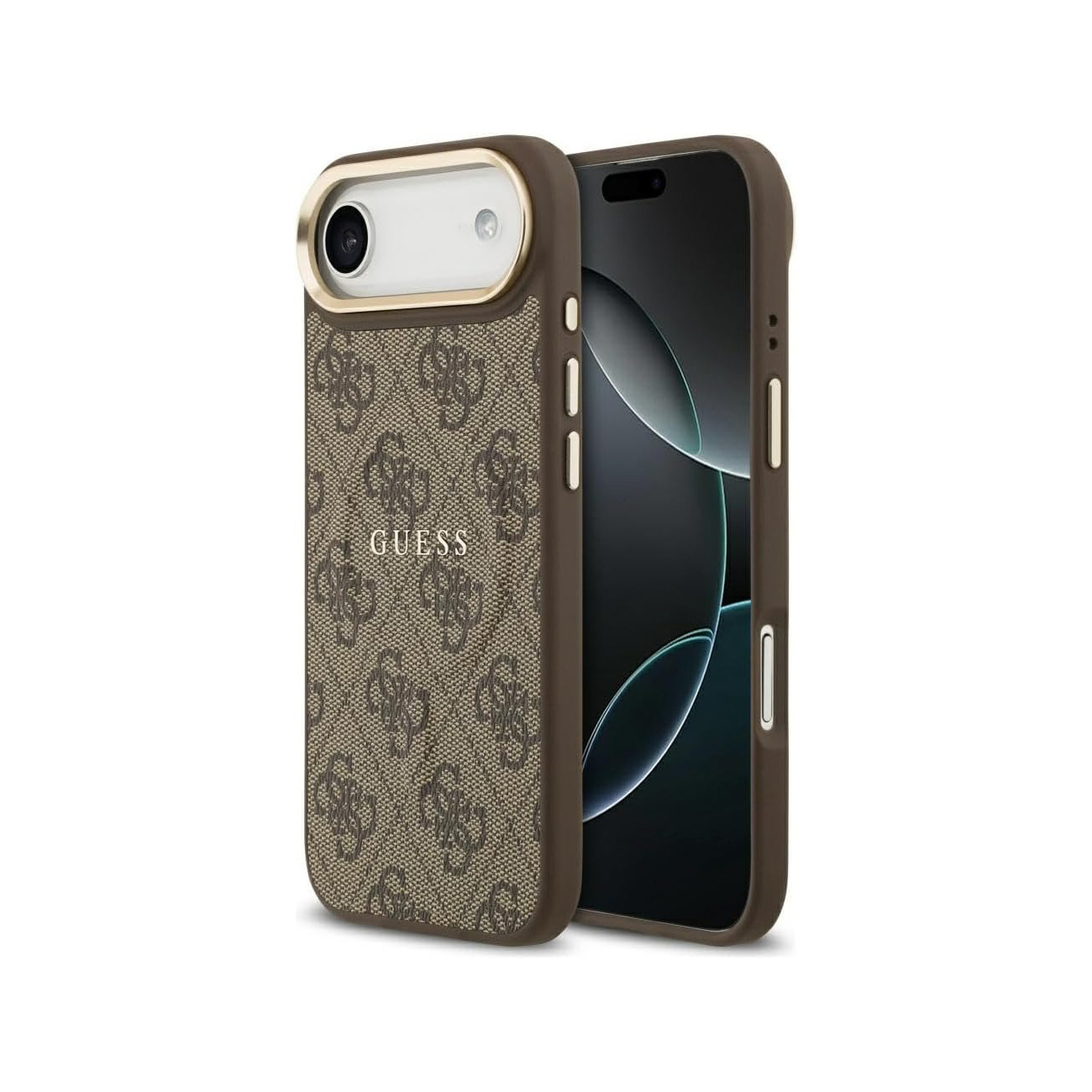 Custodia marrone logo Guess con bordo dorato, accanto a schermo scuro del telefono.