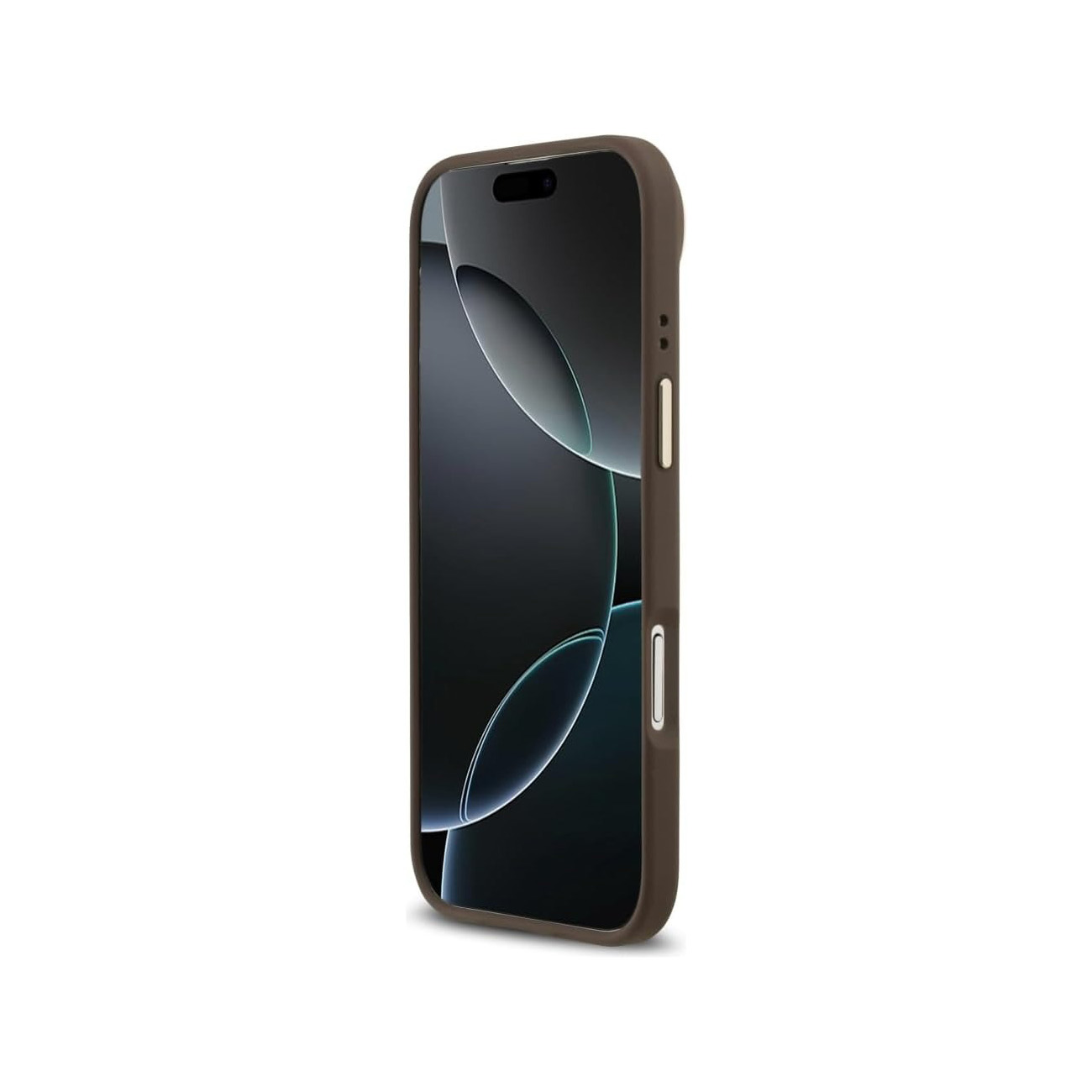 Una custodia marrone per telefono è mostrata su uno smartphone scuro con uno sfondo elegante.