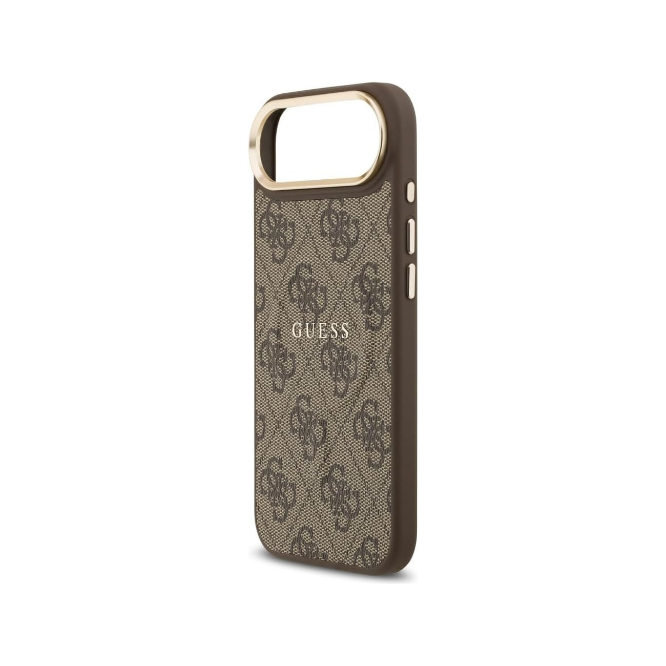 Custodia marrone Guess con motivo logo ripetuto e finiture dorate.