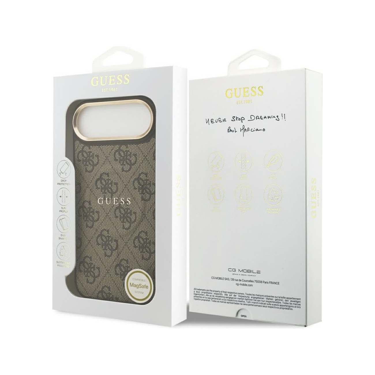 Custodia Guess con motivo monogramma in confezione marrone e beige.
