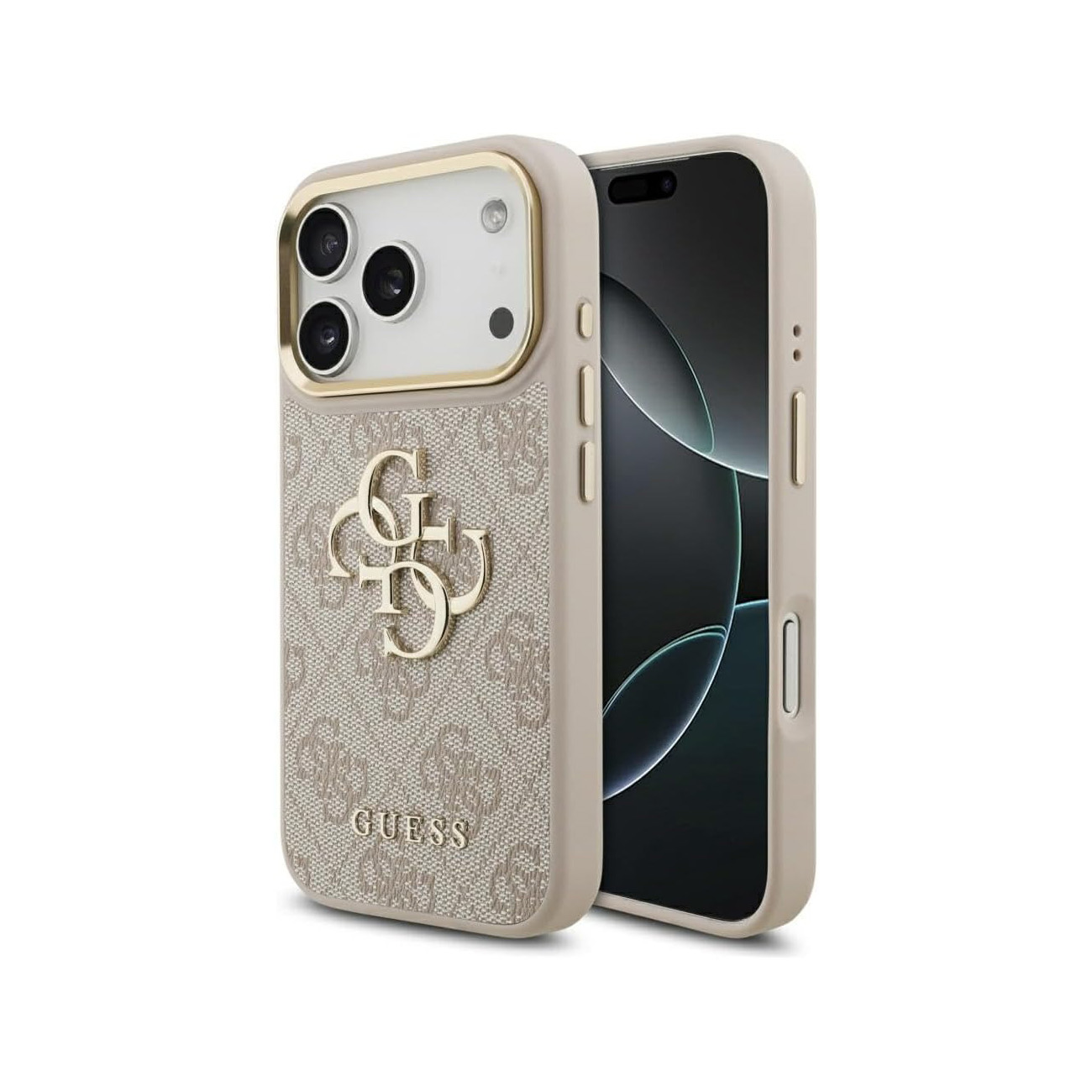 Una funda beige para teléfono con logo y estampado Guess sobre un smartphone.