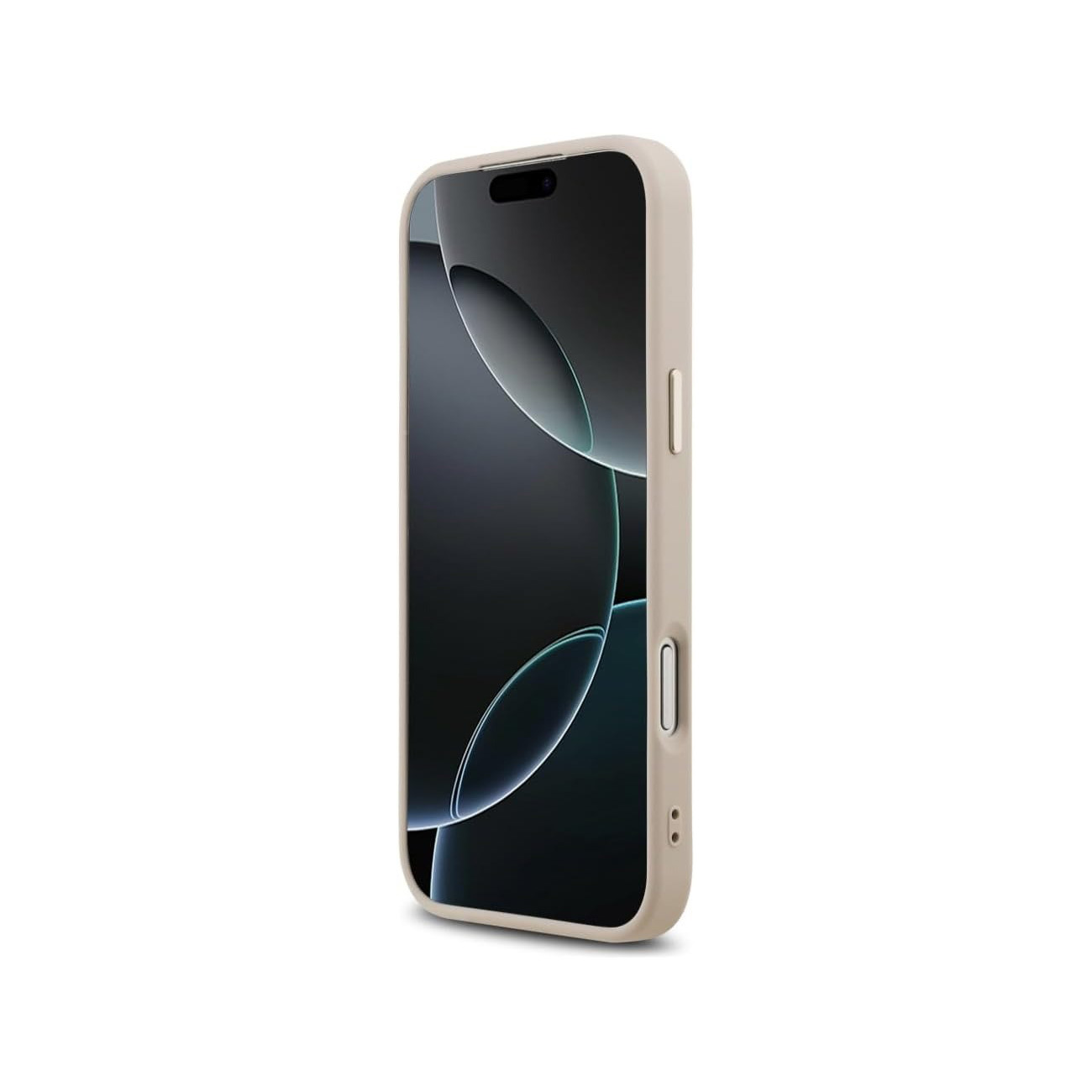 Un teléfono marrón claro con un fondo abstracto oscuro en su pantalla.