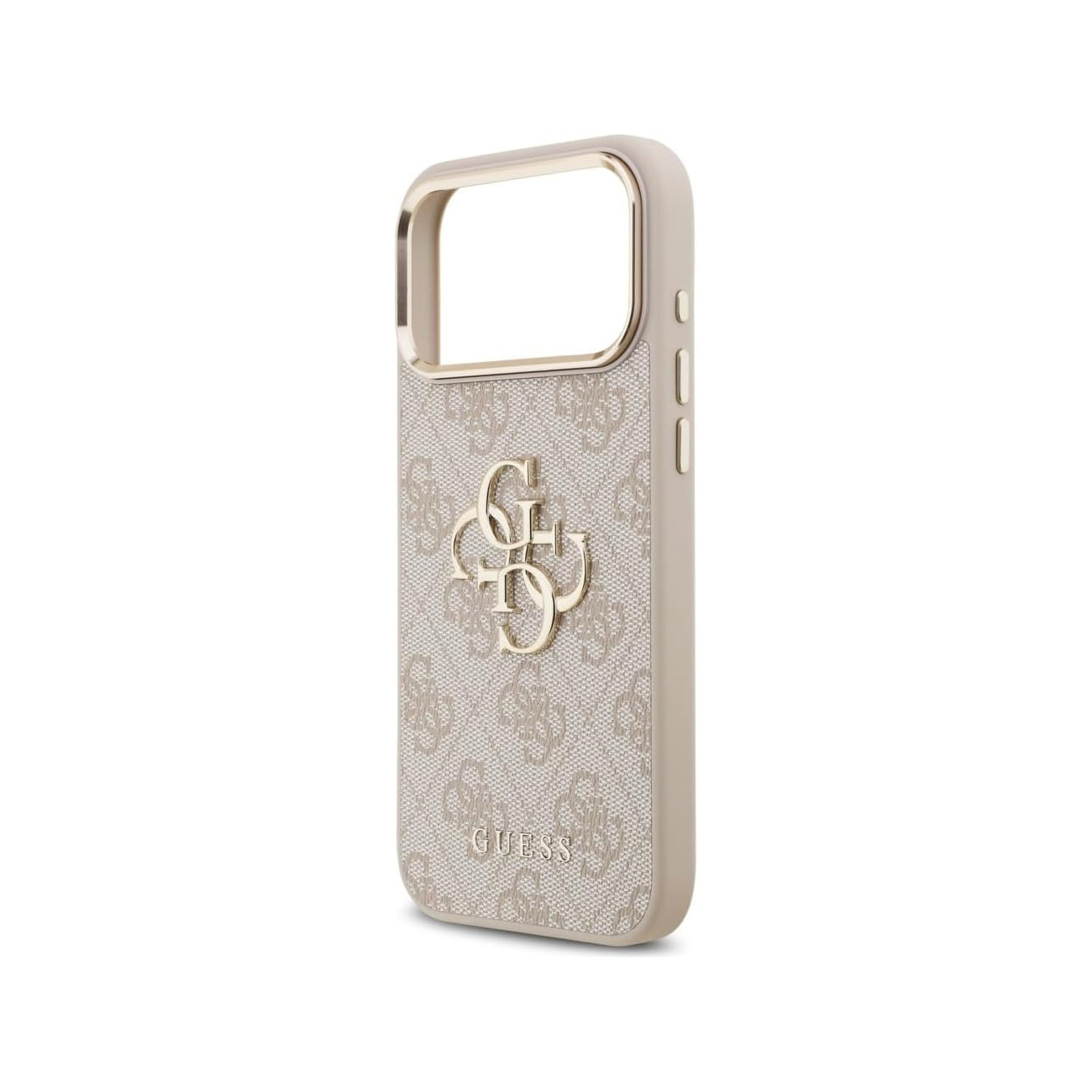 Una funda beige Guess para teléfono con patrón de logo repetitivo y emblema dorado.