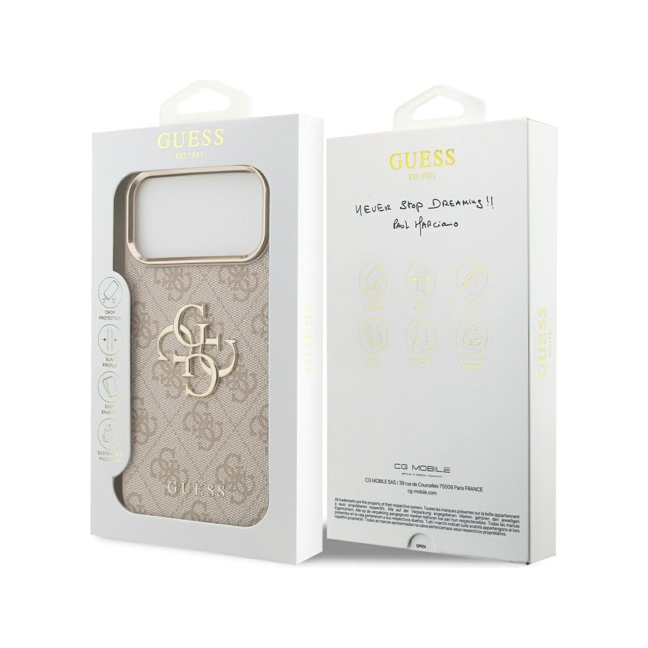 Funda Guess para teléfono con logo y texto GUESS en el embalaje.