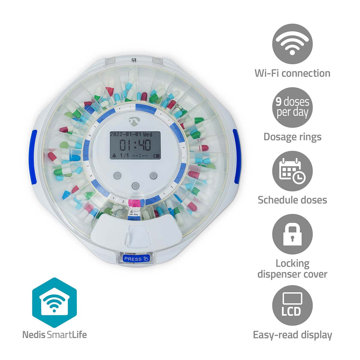 Dispenser automatico di pillole con scomparti pieni di pillole, mostra ora e data su LCD.