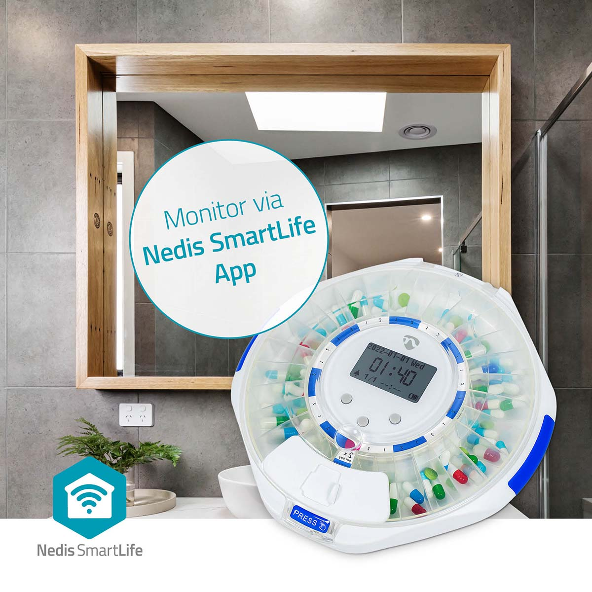 Un dispenser di pillole rotondo con molti farmaci, uno specchio e un logo.
