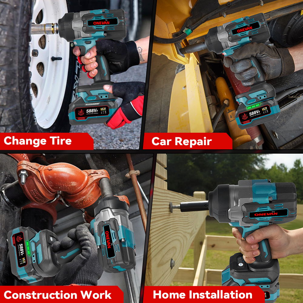 Vier Bilder zeigen Schlagschrauber bei Autoreparatur, Reifenwechsel, Bauarbeiten und Hausinstallation.