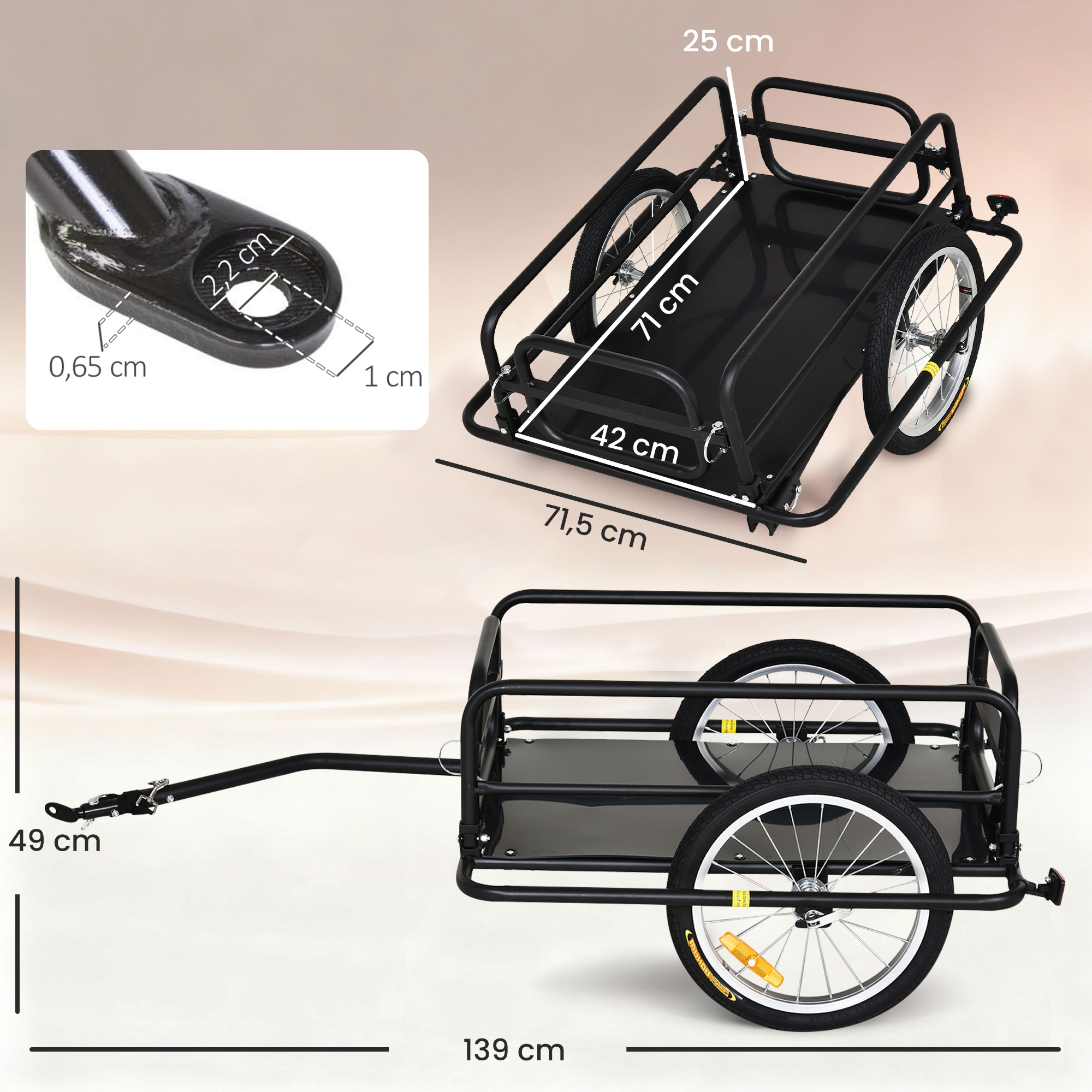 Remolque de bicicleta negro con dimensiones: 139cm de largo, 71.5cm de ancho, 25cm de alto.
