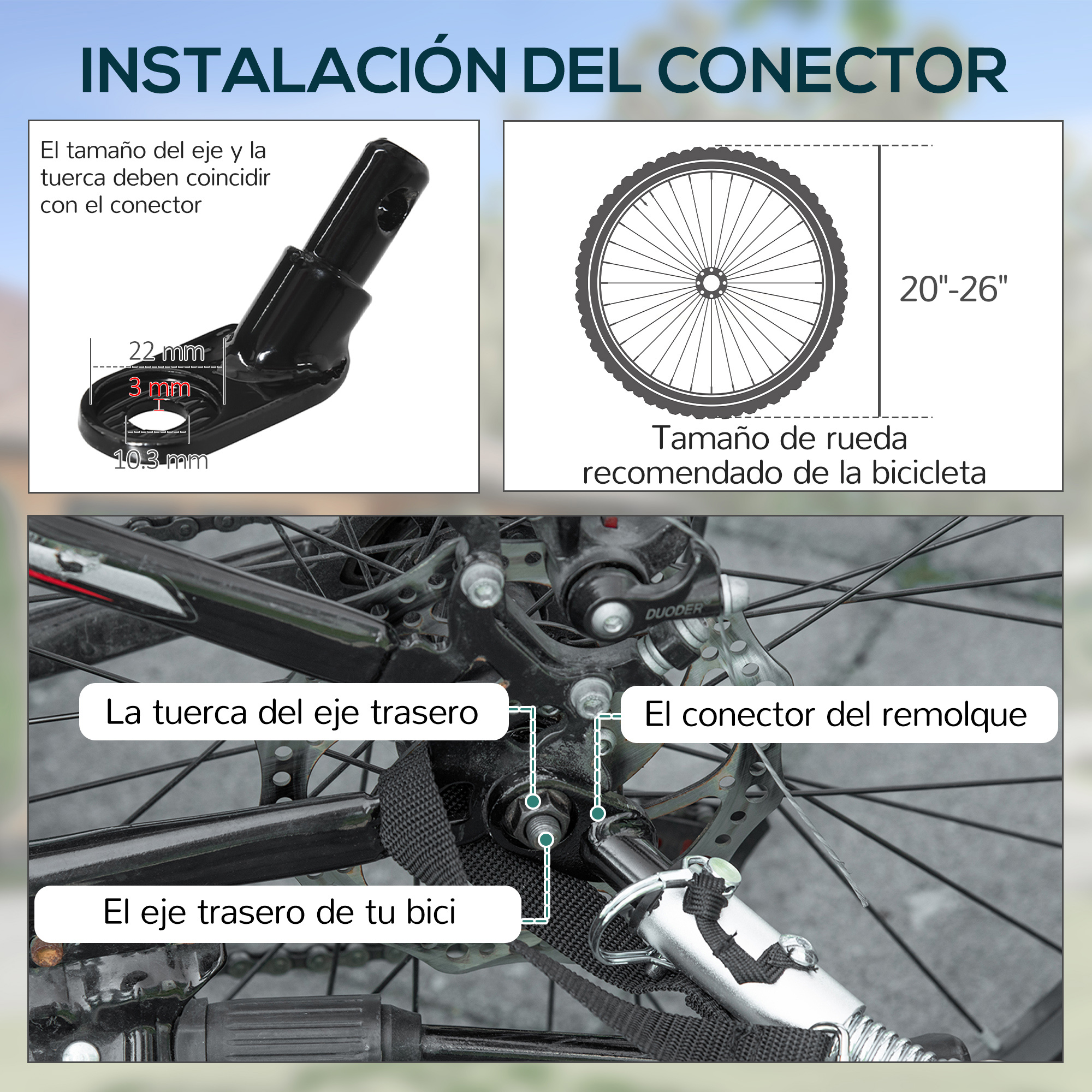 Adaptador de remolque de bicicleta en tuerca de eje trasero, con indicación.