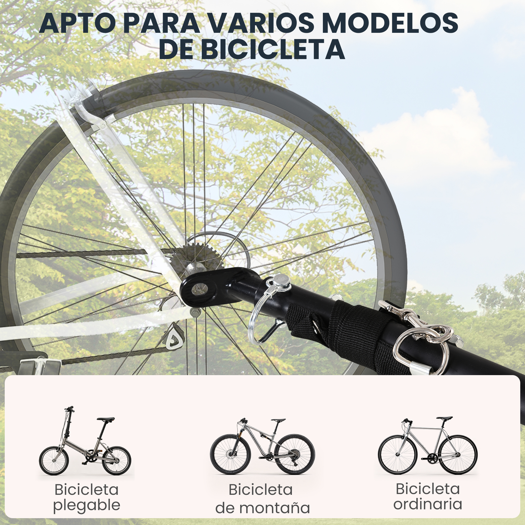 Tres bicicletas: plegable, montaña, normal. Arriba, un enganche de remolque.