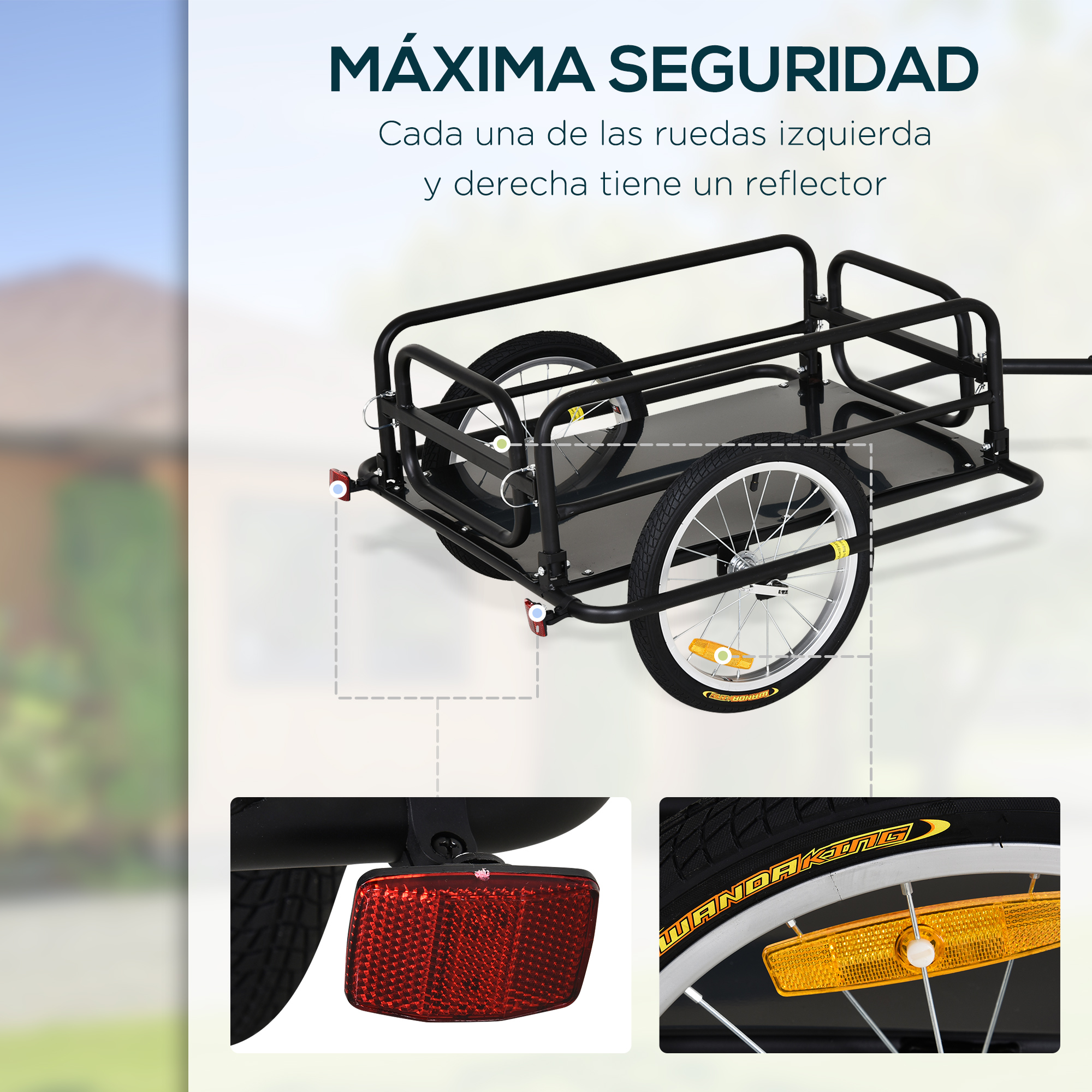 Un remolque de bicicleta negro con reflectores en las ruedas.