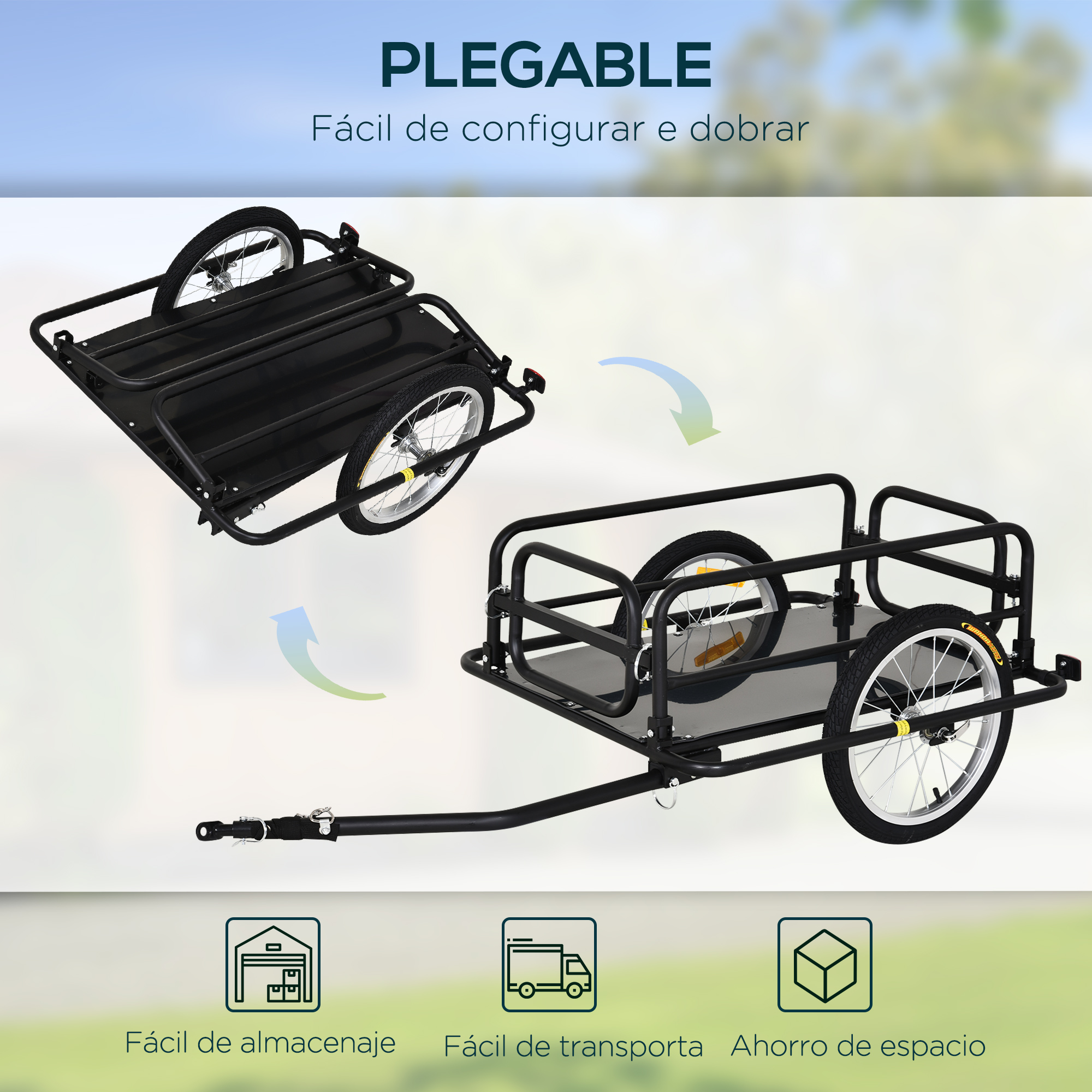 Un remolque de bicicleta plegable mostrado en dos estados: plegado y listo para usar.
