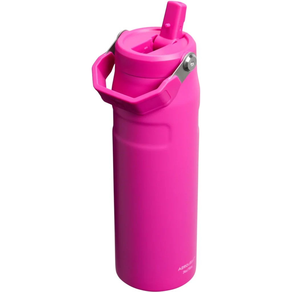 Taşıma saplı ve katlanabilir pipetli kapaklı parlak pembe su şişesi.