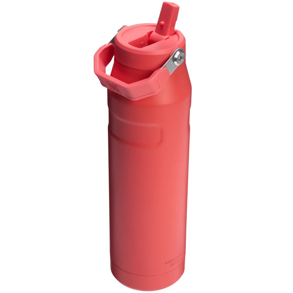 Gri metal saplı ve pembe pipetli kapaklı mercan pembe su şişesi.