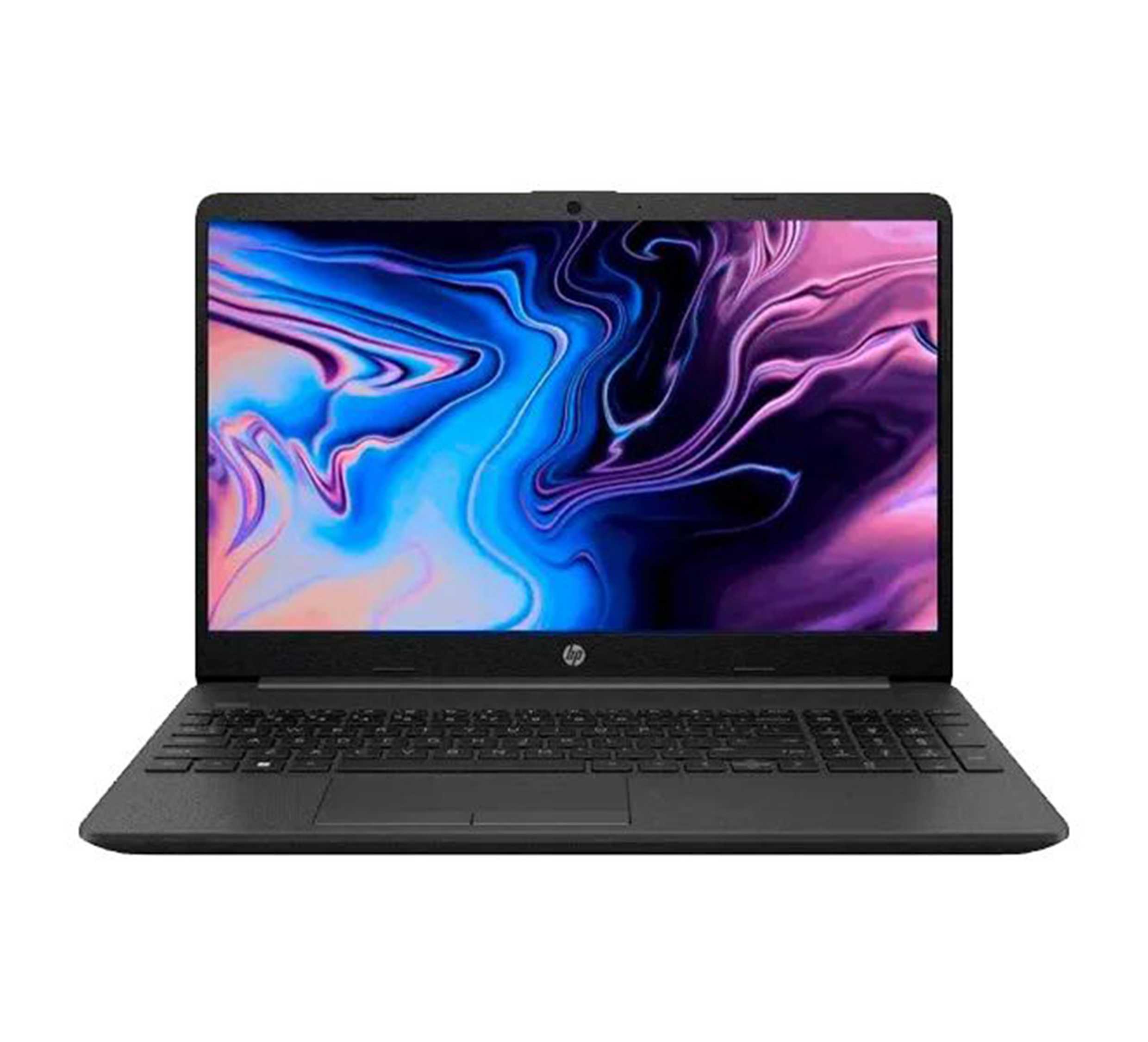 Otwarty czarny laptop HP z abstrakcyjnym, kolorowym tłem na ekranie.