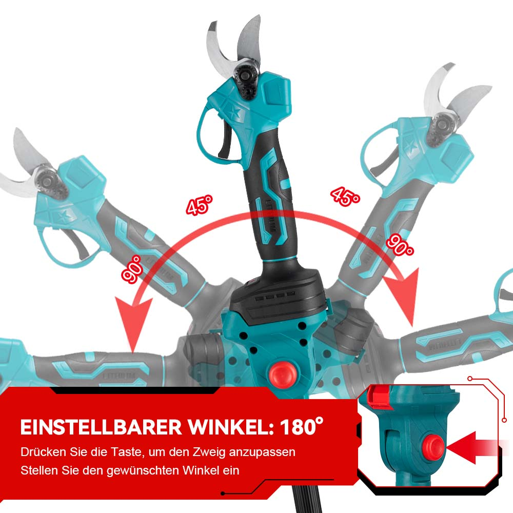 Elektrische Astschere mit verstellbarem Winkel von 180°.