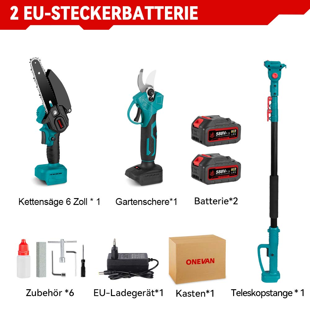 Ein Set Gartengeräte: Kettensäge, Gartenschere, Akkus, Ladegerät, Zubehör, Kasten, Teleskopstange.