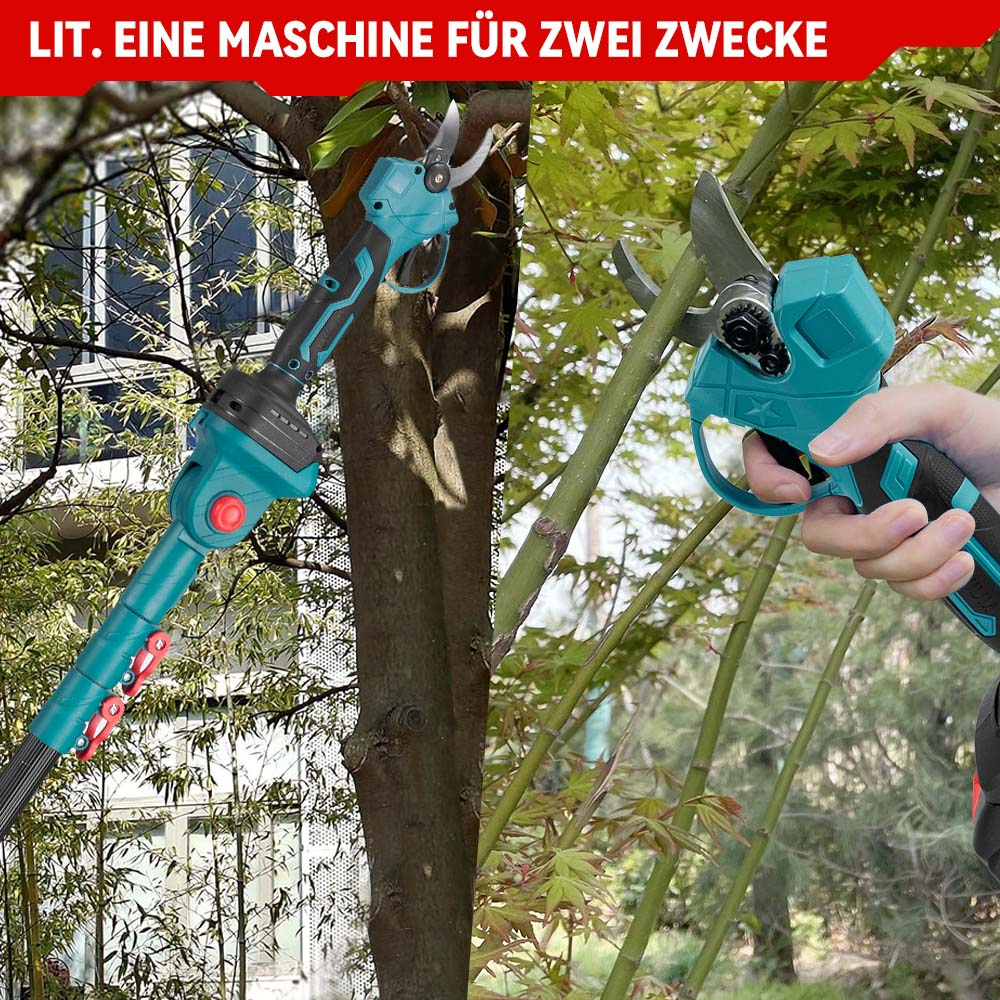 Elektrische Gartenschere im Einsatz an Baum und Bambus.