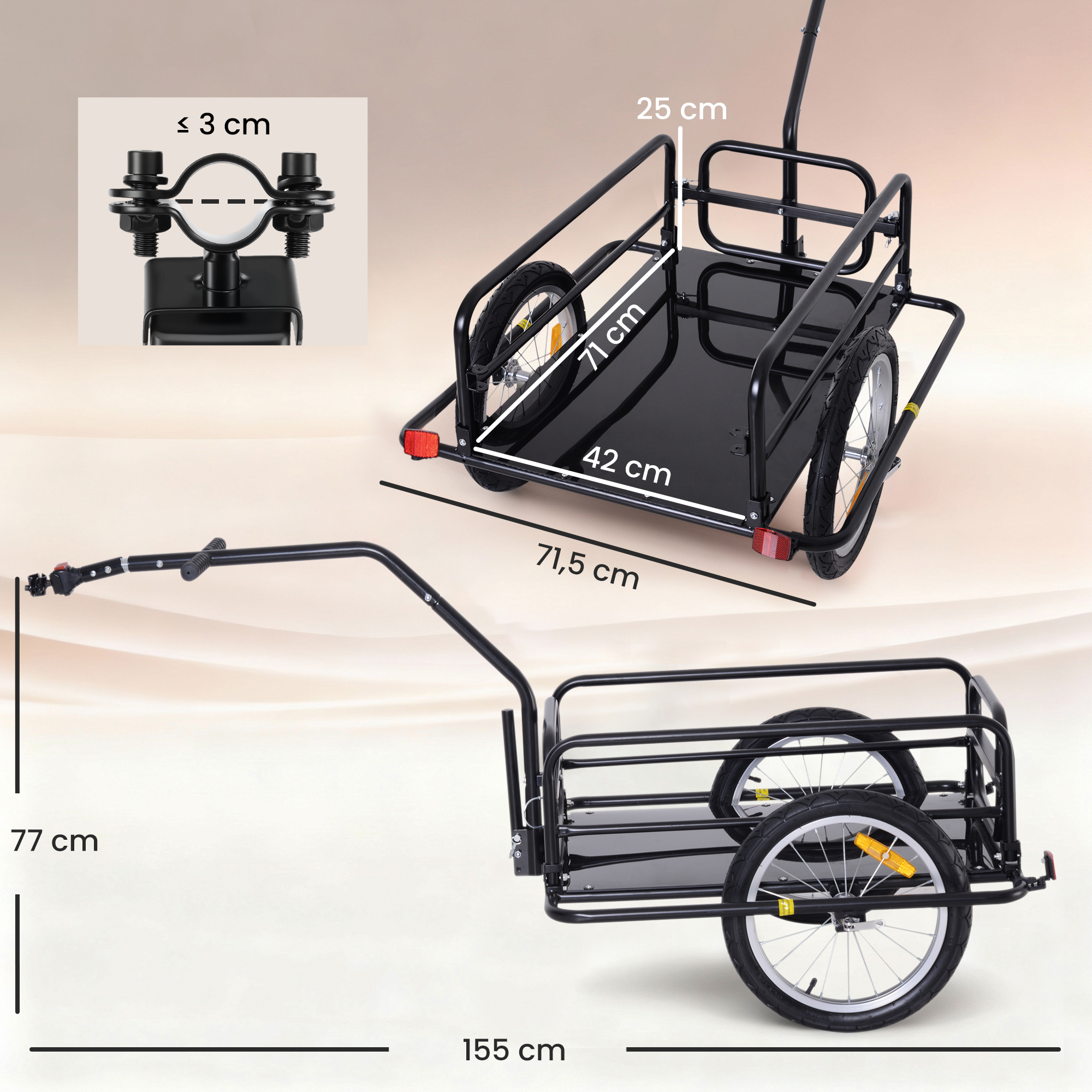 Un remolque de bicicleta negro con dimensiones: 71x42x25 cm, 77 cm de alto, 71,5 cm de largo, 155 cm total.