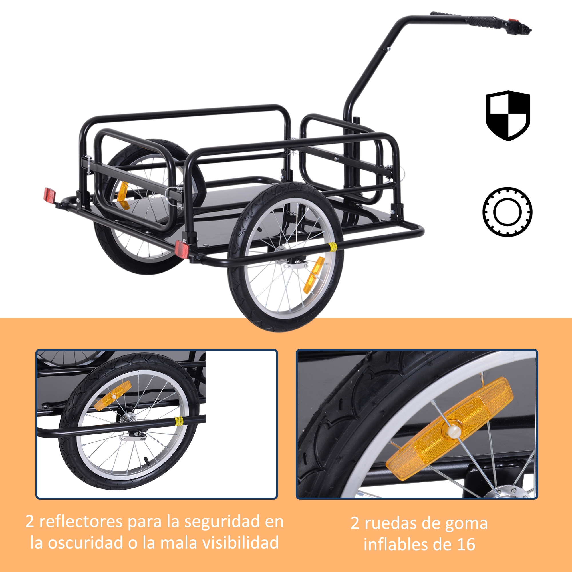 Remolque de bicicleta negro con dos ruedas, reflectores y manillar.
