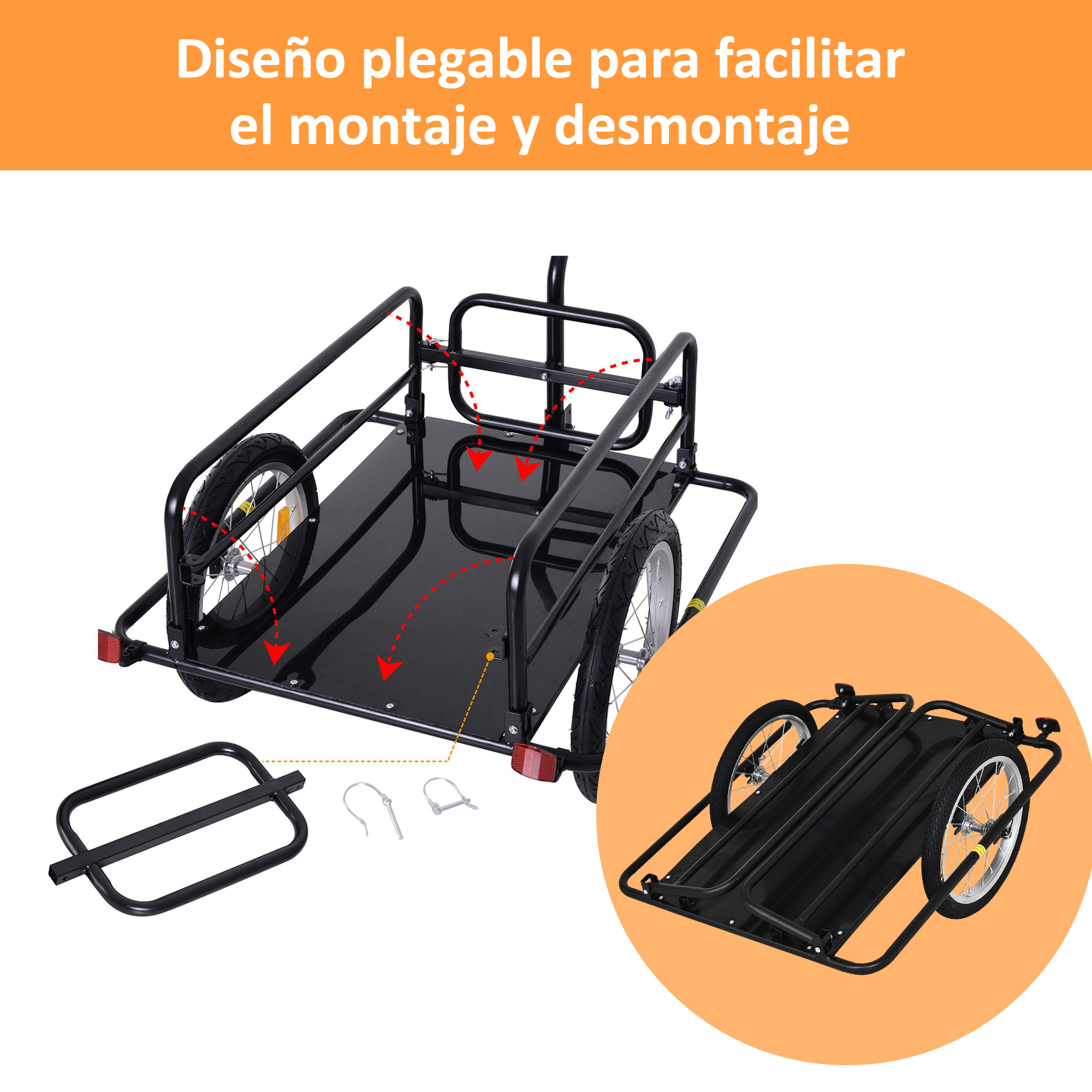 Remolque de bicicleta plegable negro con dos ruedas y luces traseras rojas.