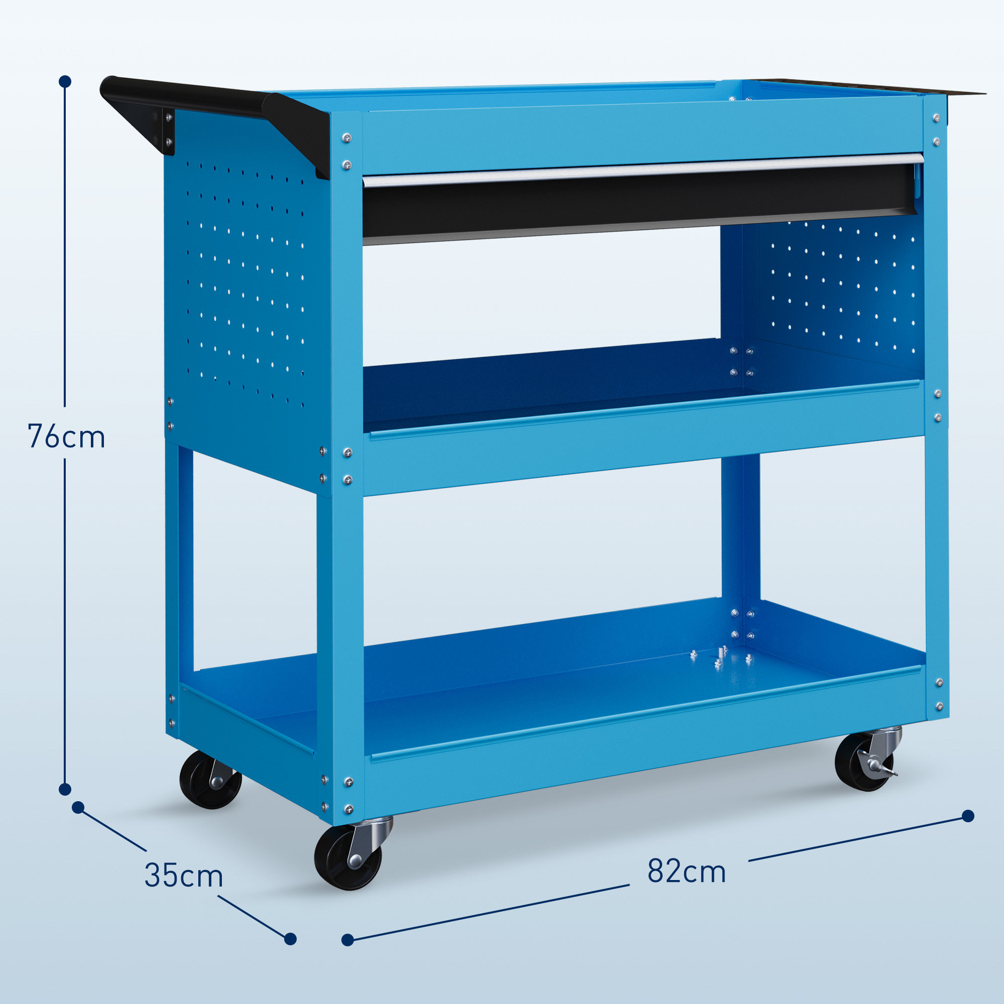 Carro de herramientas azul con 2 estantes, cajón y ruedas. Al:76cm, An:82cm, Pr:35cm.