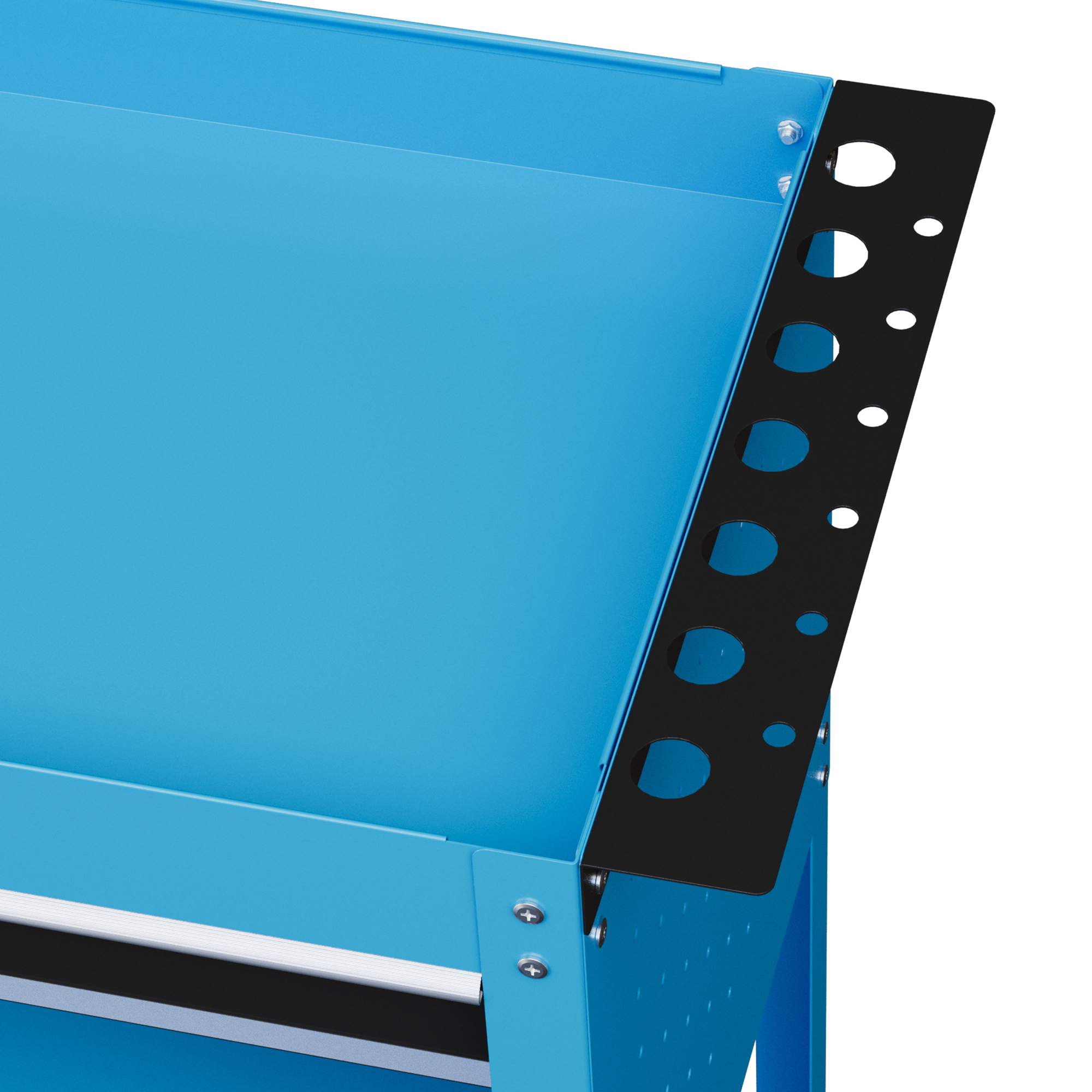 Carro de herramientas azul con panel perforado negro para herramientas.