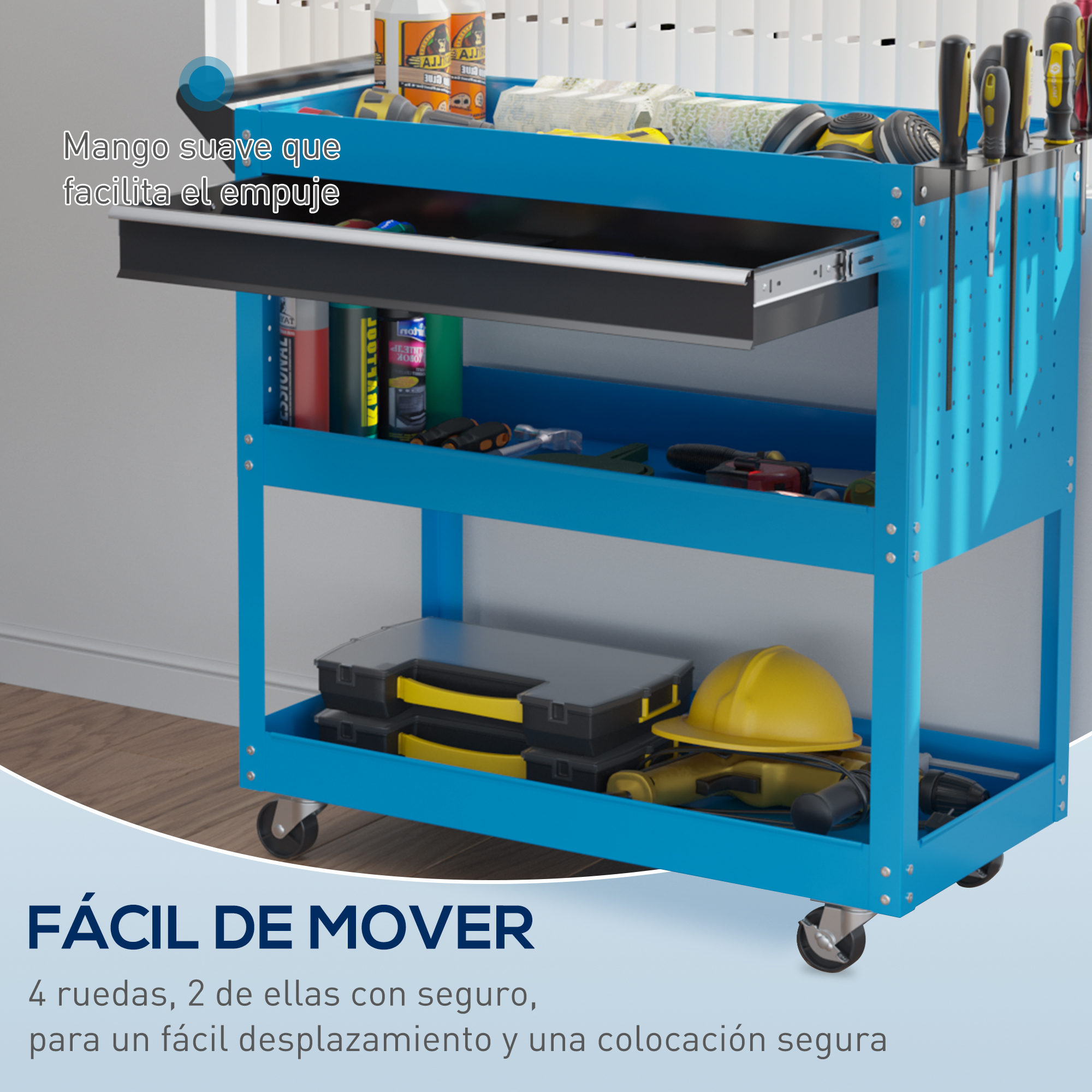 Un carrito de herramientas azul con herramientas, cajón y ruedas.