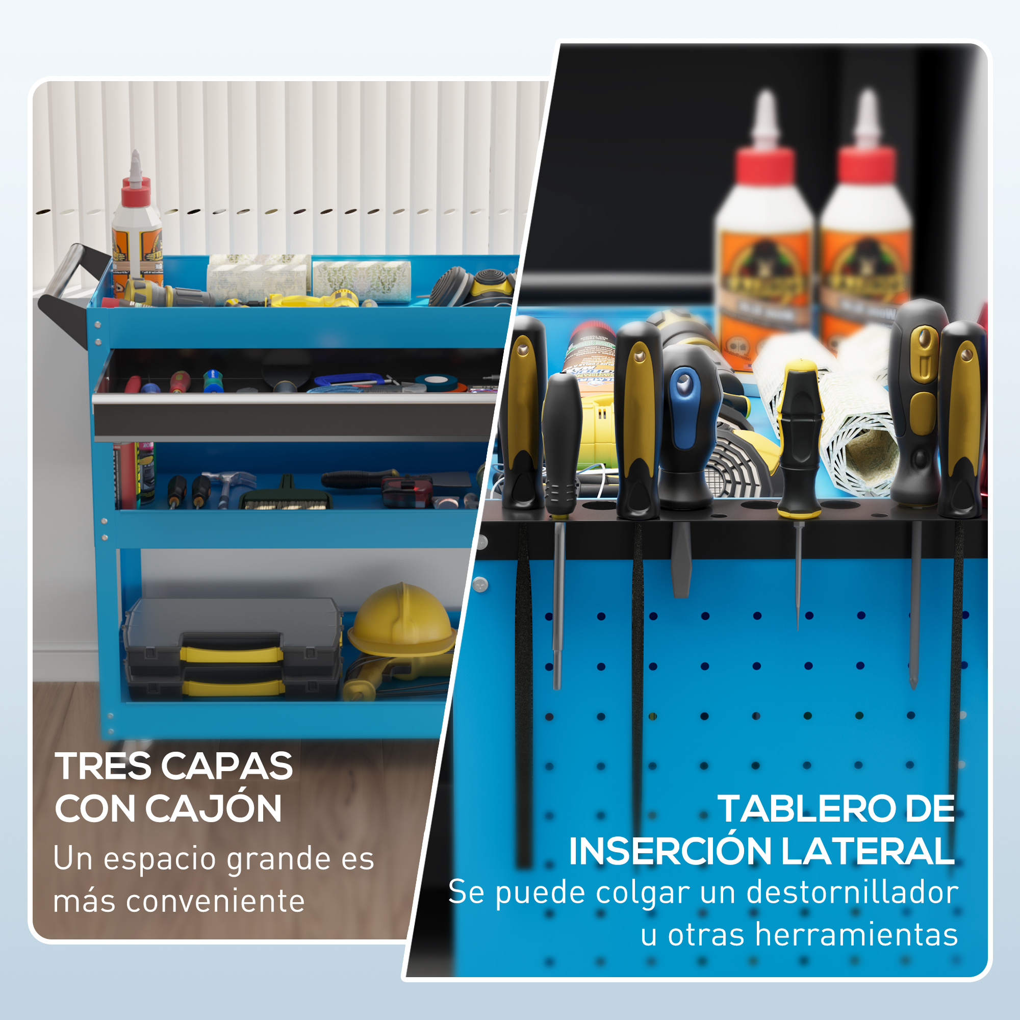 Carro de herramientas azul con herramientas y tres compartimentos. Herramientas en un panel lateral.