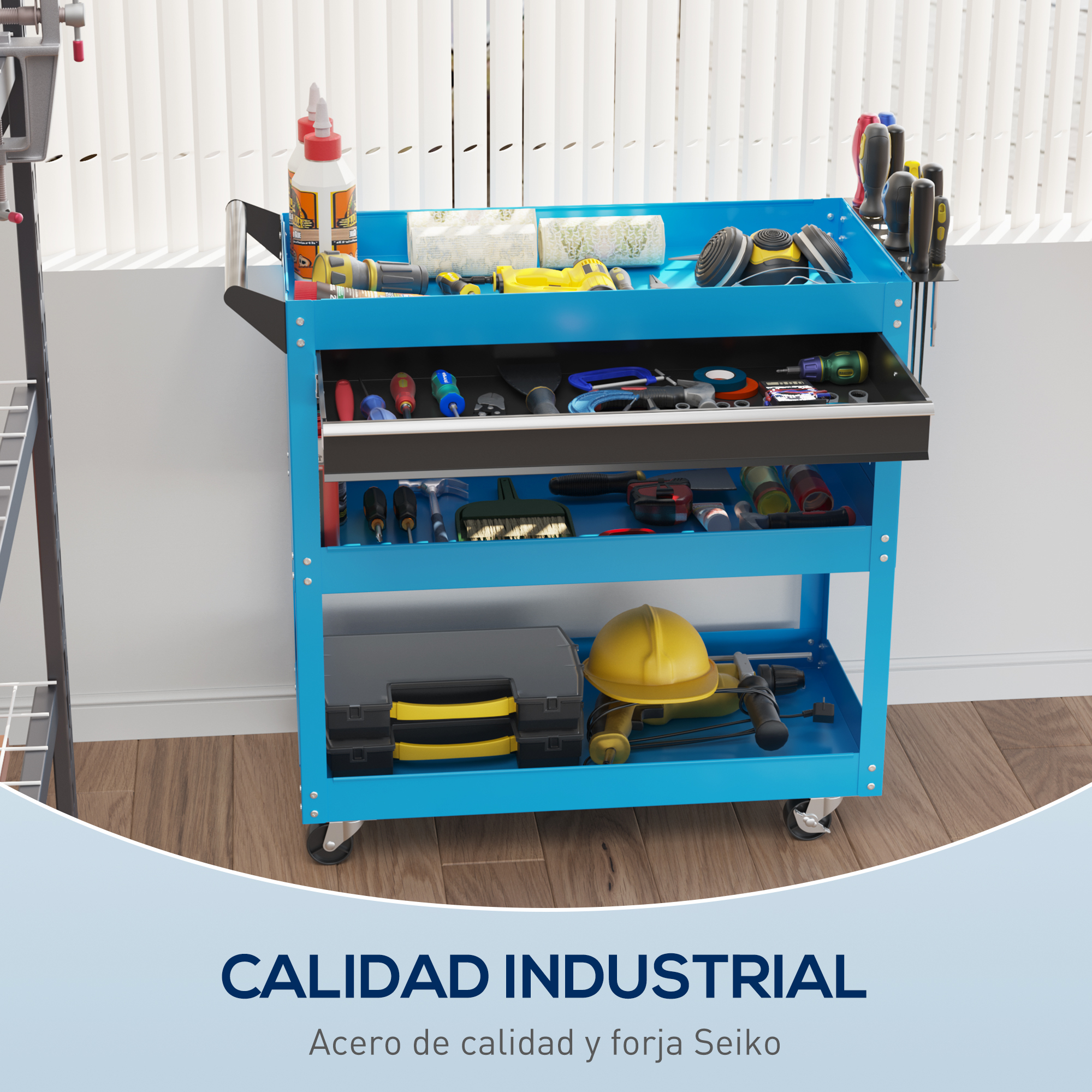 Un carrito de herramientas azul lleno de herramientas, cajas y un casco amarillo.