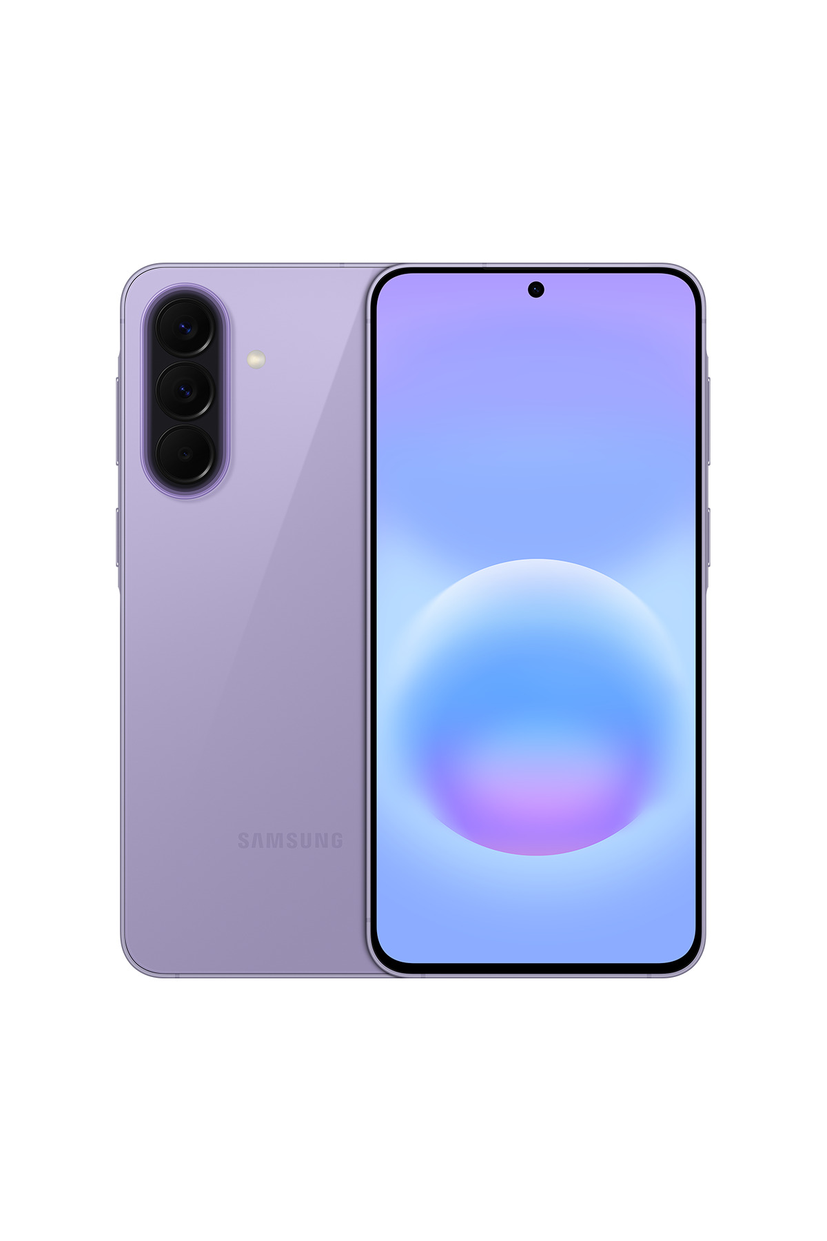 Arkada üç kamerası ve mavi/mor duvar kağıdı olan mor bir Samsung akıllı telefon.