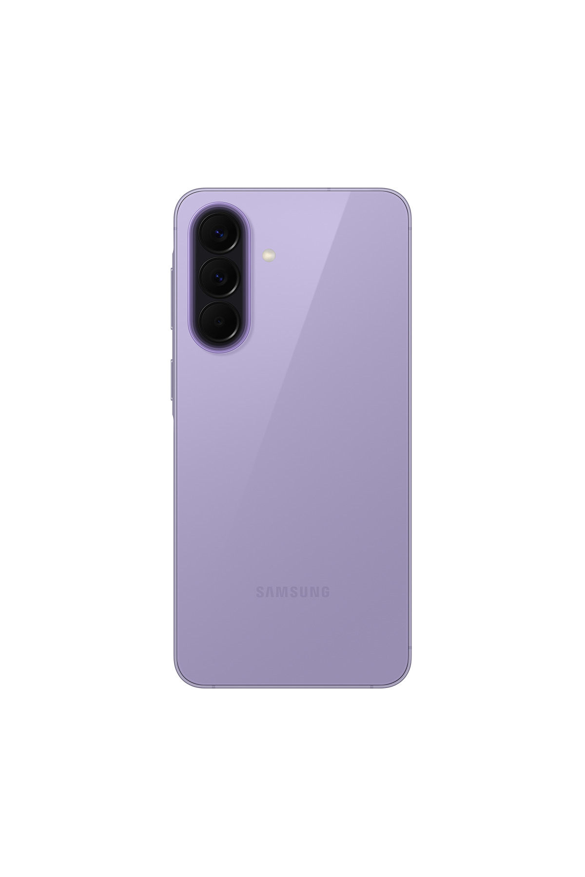 Mor Samsung akıllı telefon, arkasında üç kamera ve flaş bulunur.