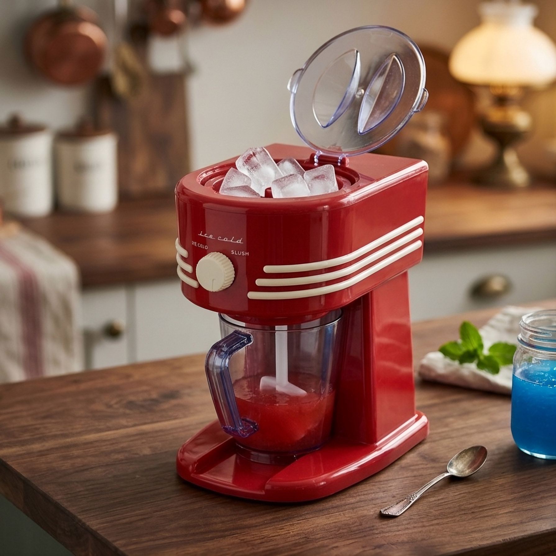 Eine rote Slush-Maschine mit Eis und Erdbeermischung. Ein blaues Getränk im Glas.