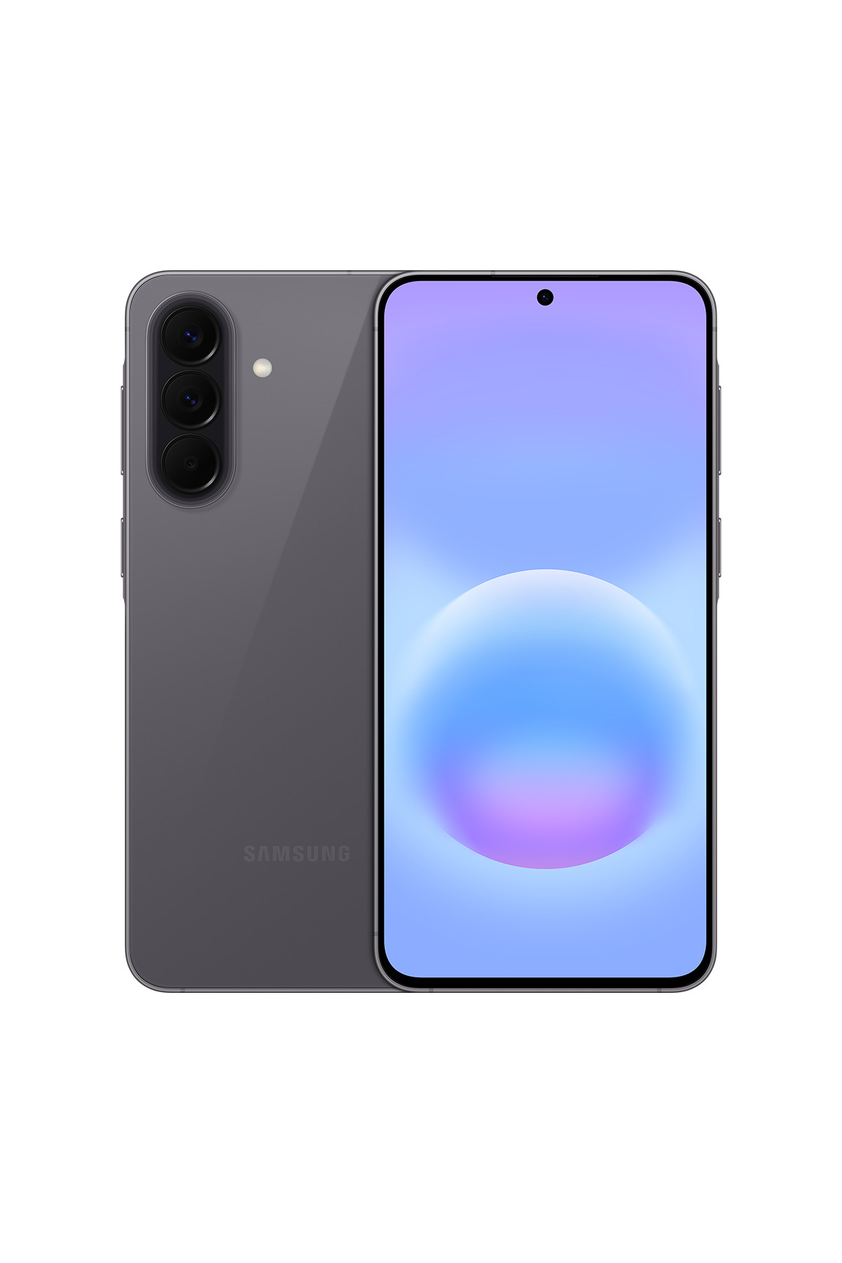 Üç kameralı gri Samsung akıllı telefon, ekranda mavi/mor duvar kağıdı.