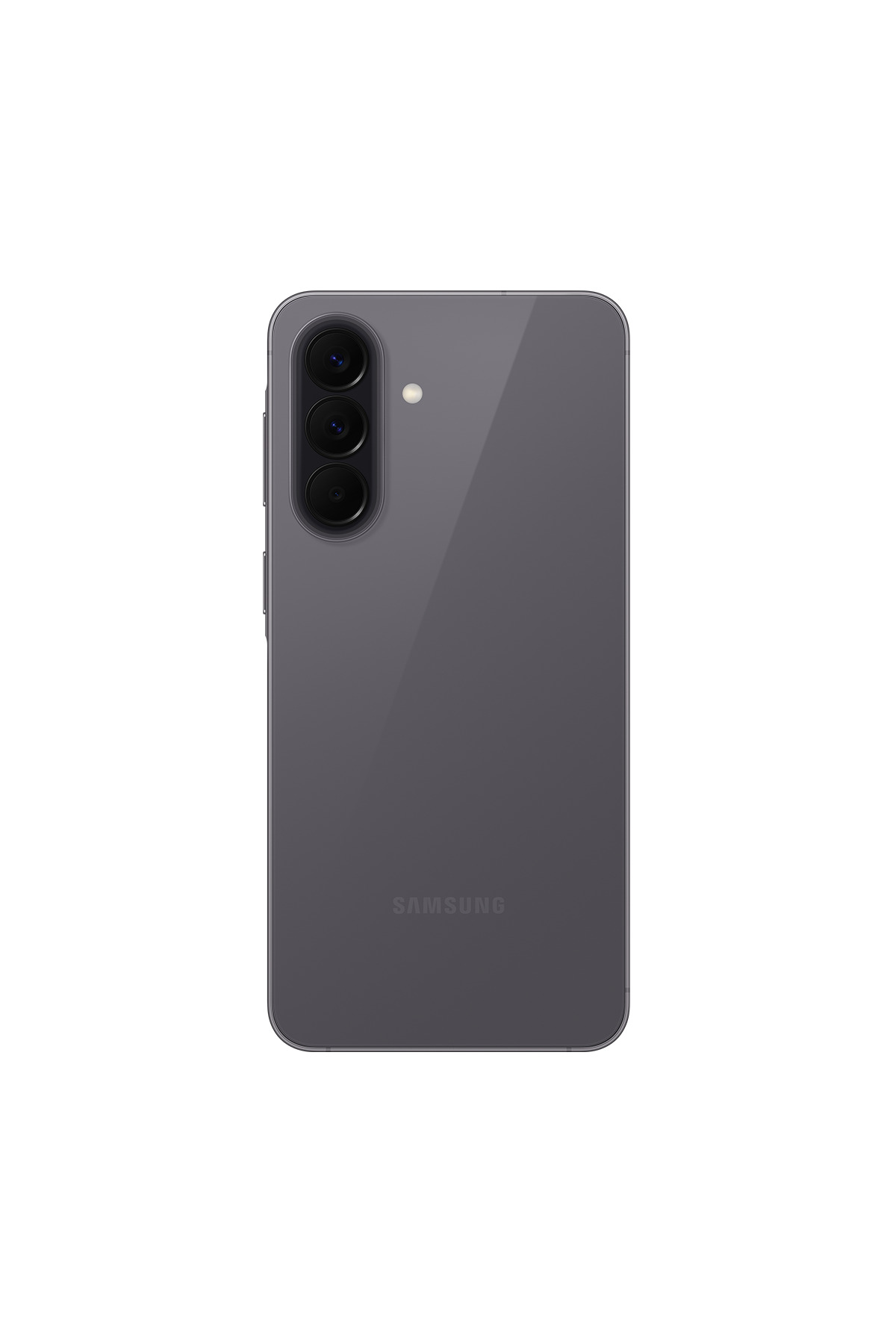 Üç kameralı ve flaşlı gri Samsung akıllı telefonun arkası.