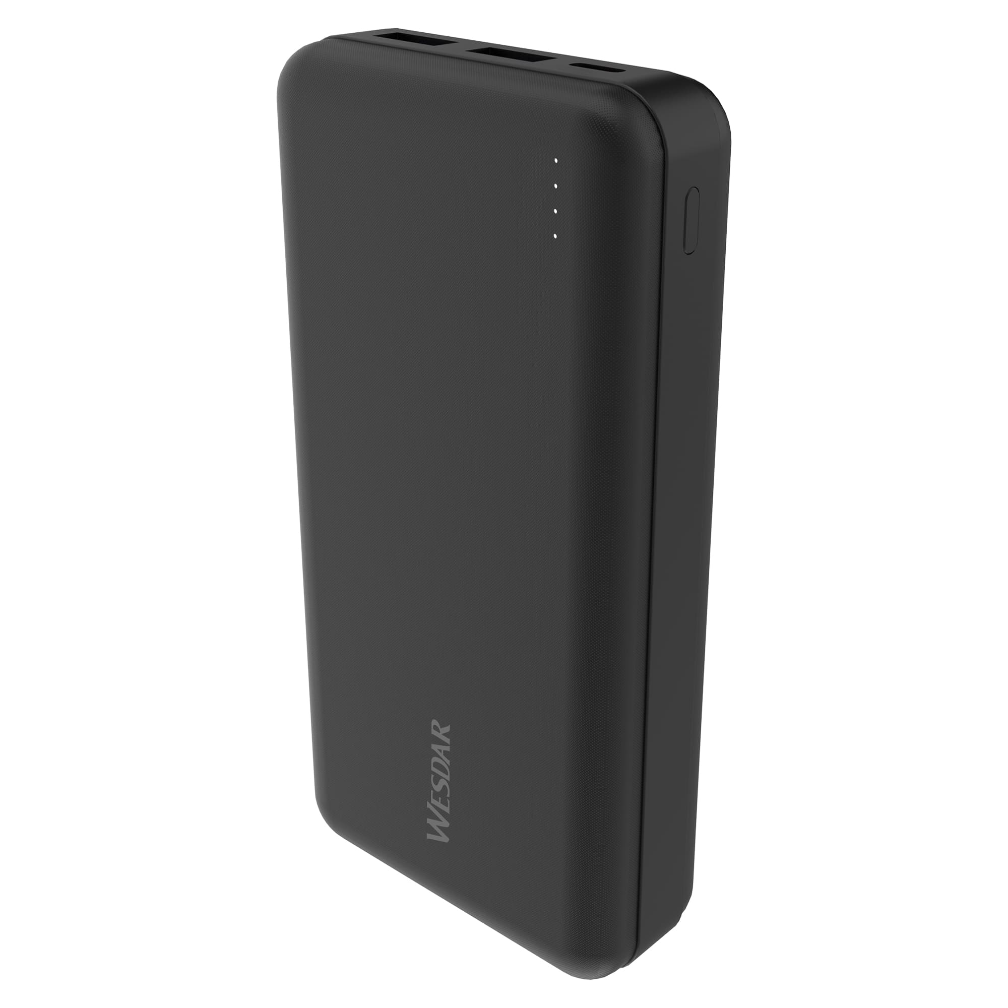 Dört şarj gösterge ışığı ve iki USB bağlantı noktasına sahip siyah Wesdar powerbank.