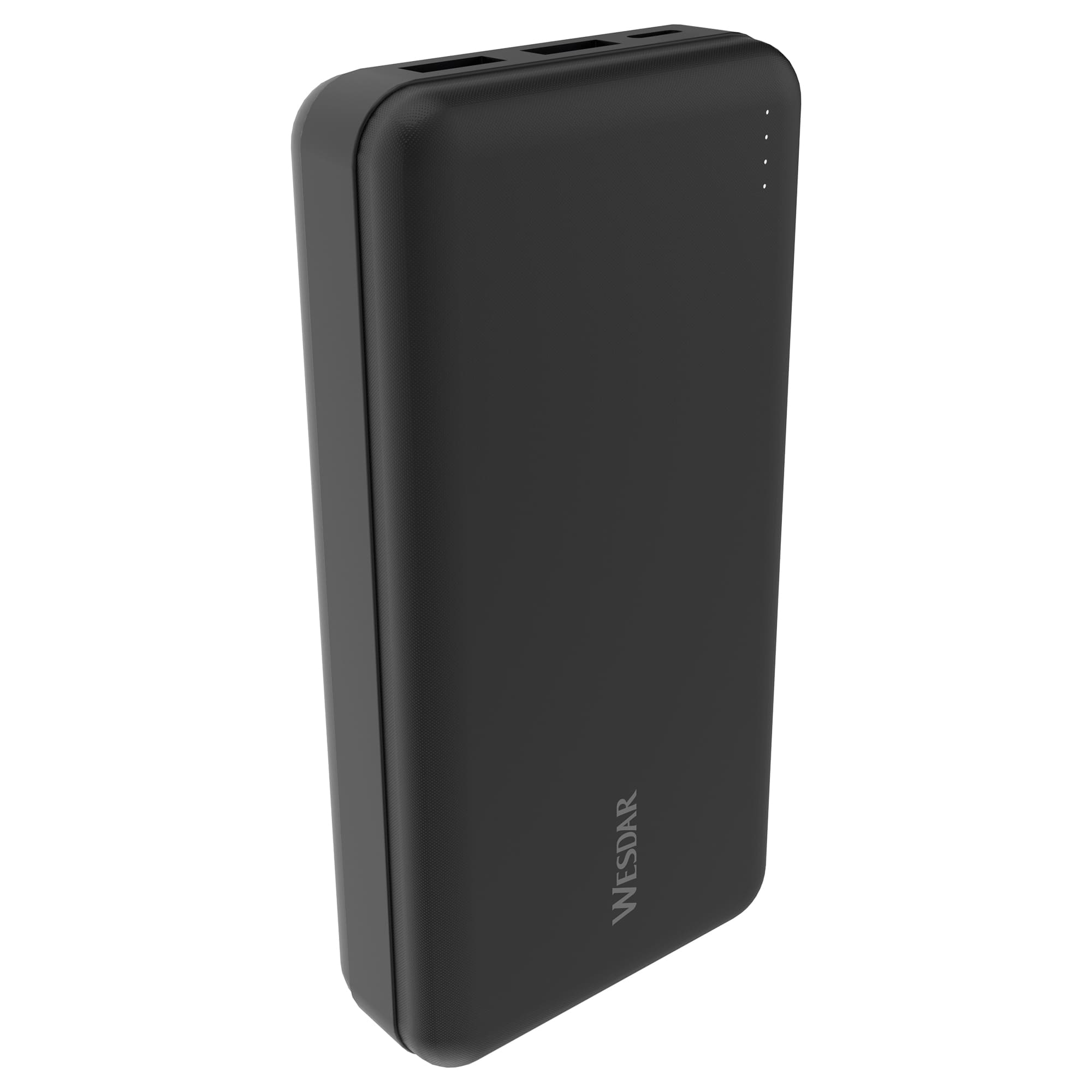 WESDAR logolu ve şarj göstergeli siyah powerbank cihazı.