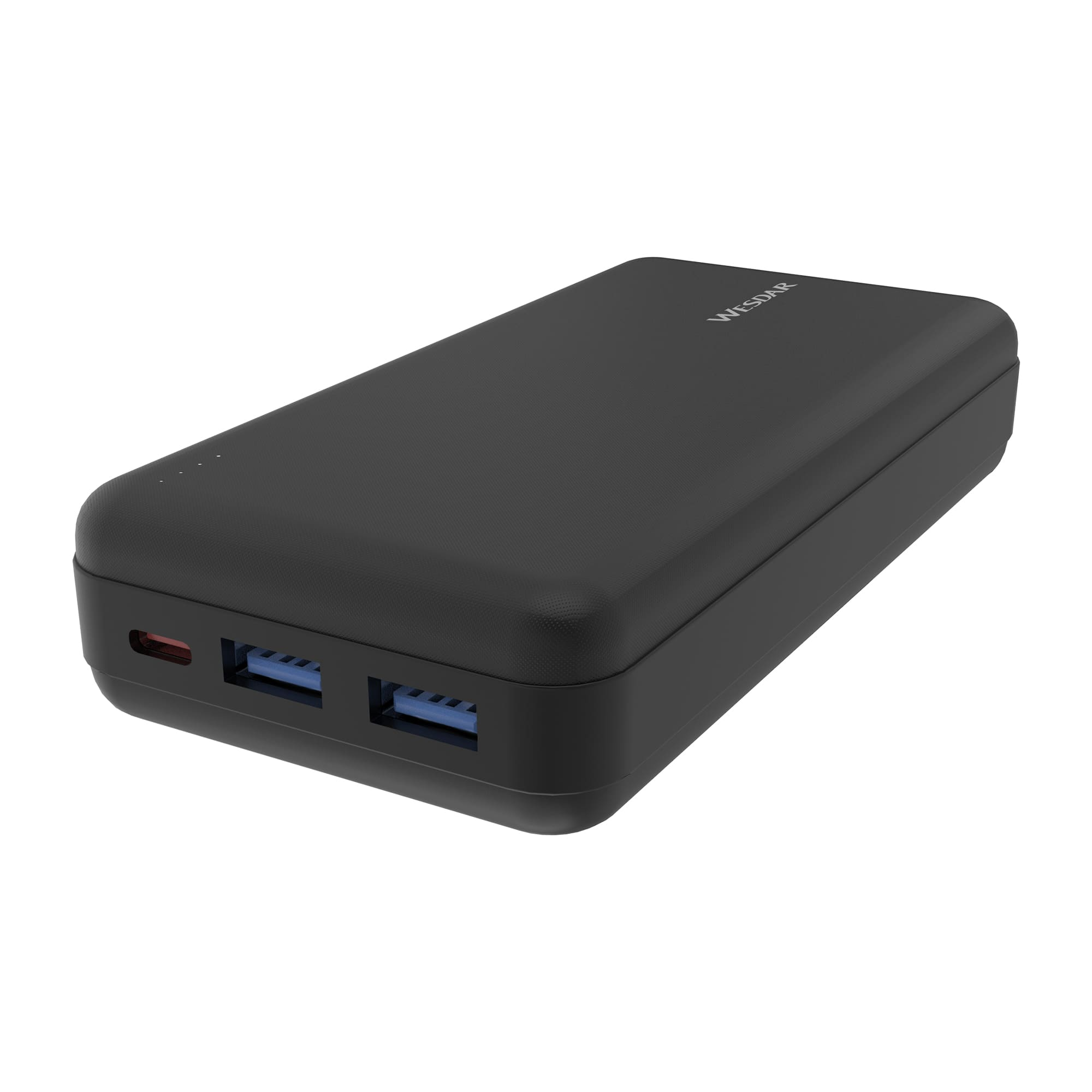 USB ve USB-C bağlantı noktalarına sahip siyah taşınabilir şarj cihazı.