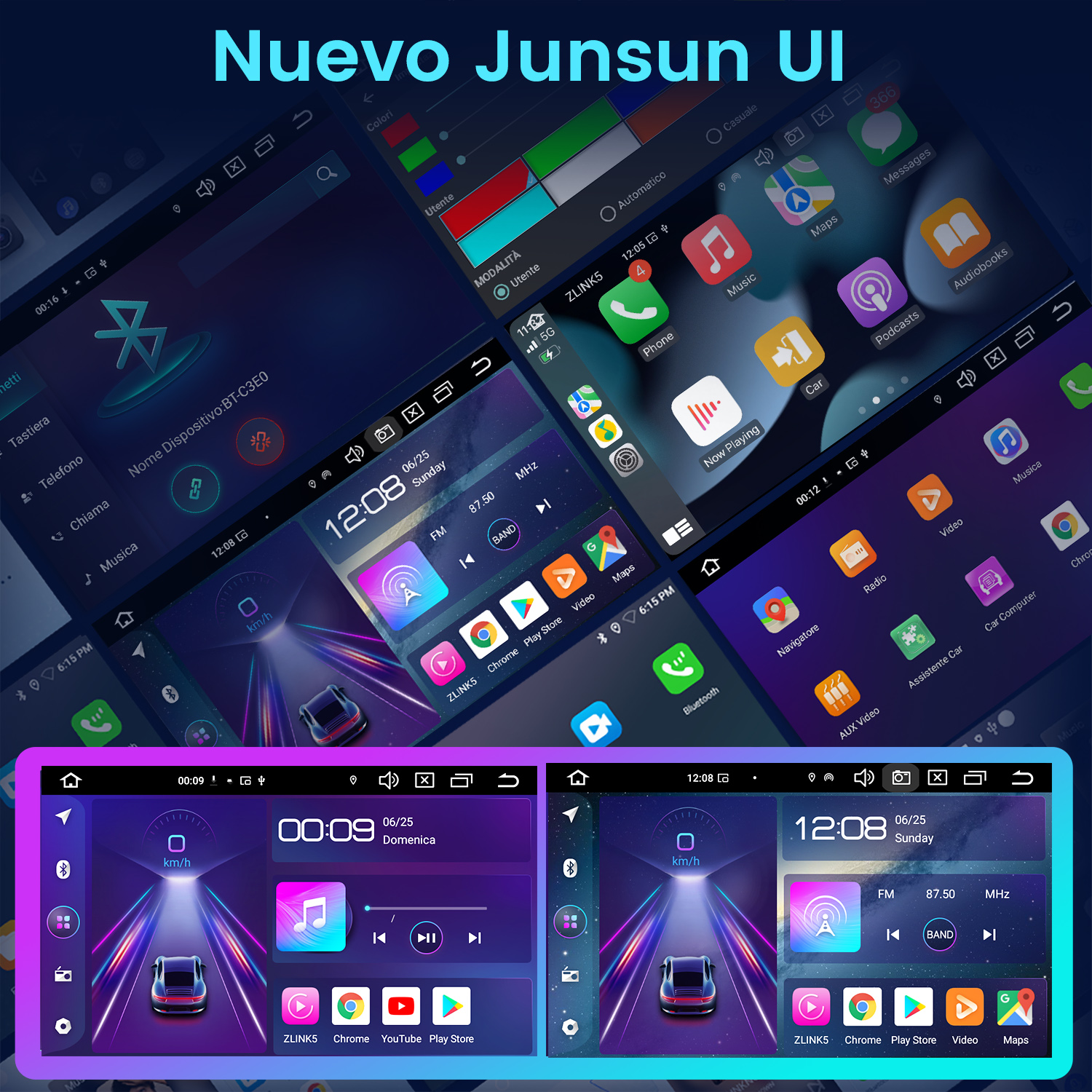 Varias pantallas de infoentretenimiento para coche mostrando apps como música, teléfono, mapas.