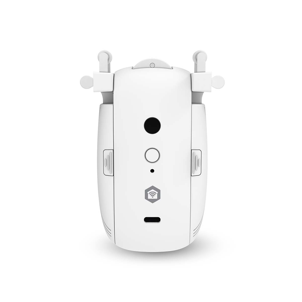 Un dispositivo bianco con un cerchio nero, un anello e un'icona Wi-Fi.