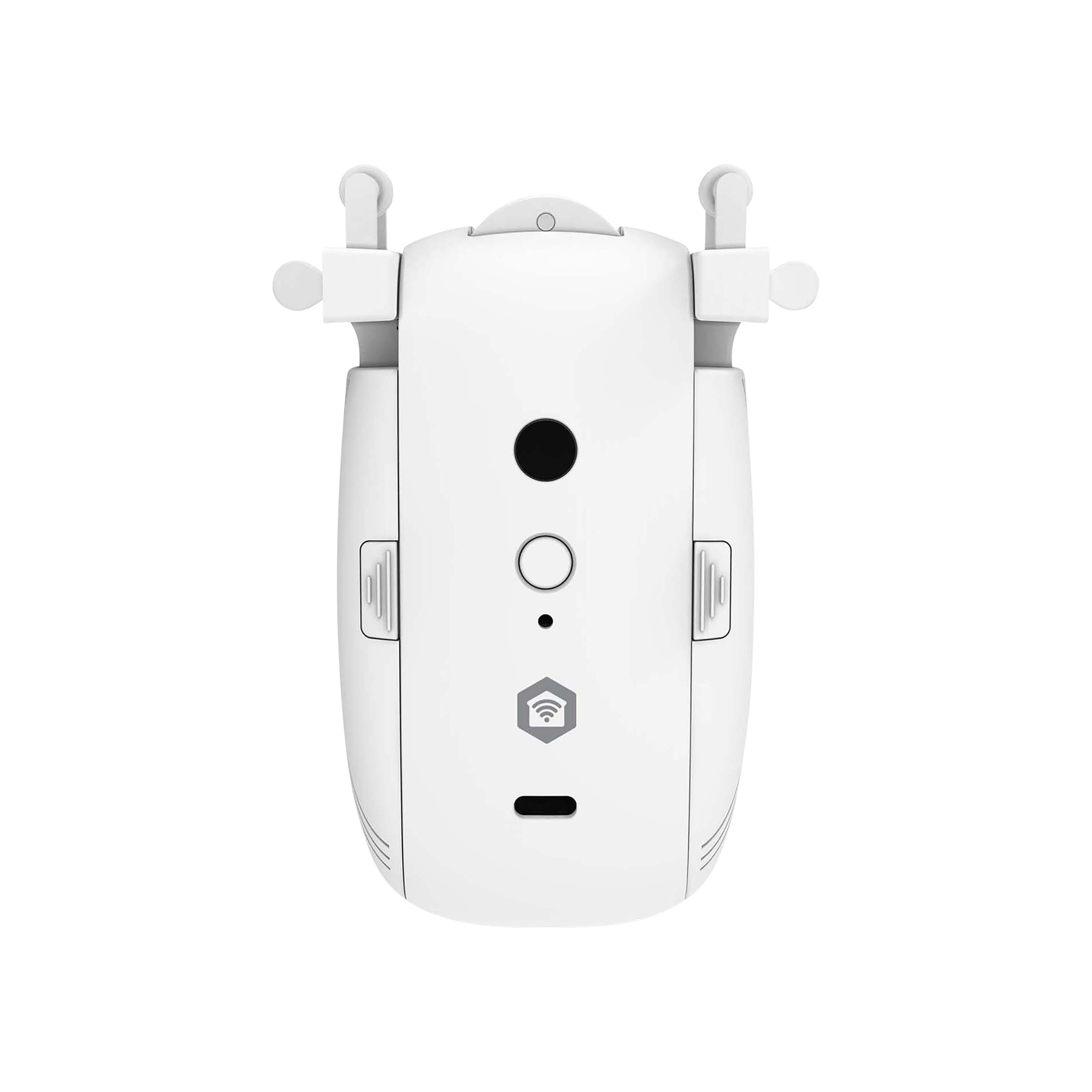 Un dispositivo smart bianco con un cerchio nero, un anello, un punto e un'icona wifi.